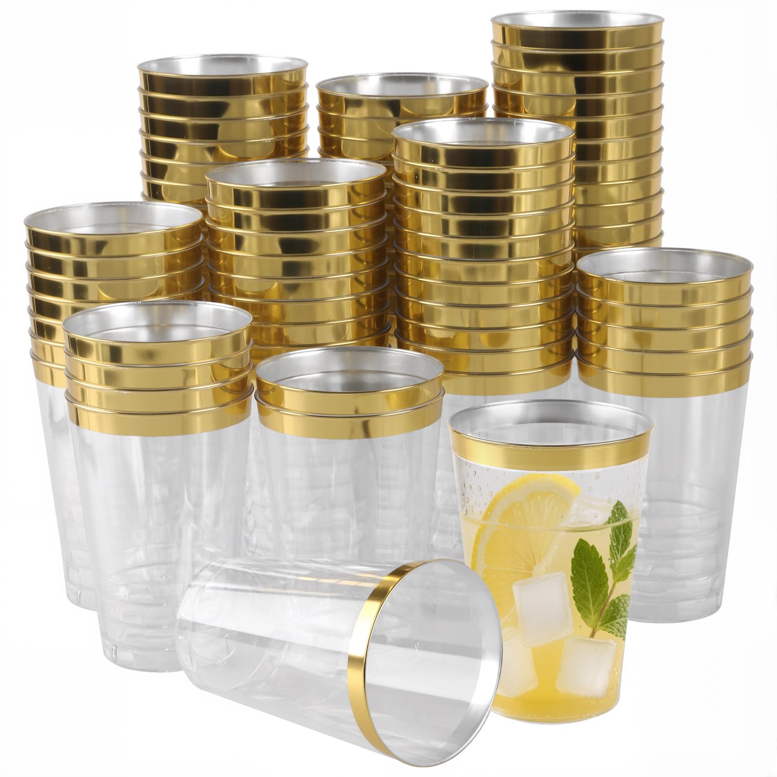 PINGEUI 80 bicchieri di plastica con bordo dorato, 360 ml, trasparenti, riutilizzabili, per feste, cocktail, champagne, birra, champagne, martini, dessert