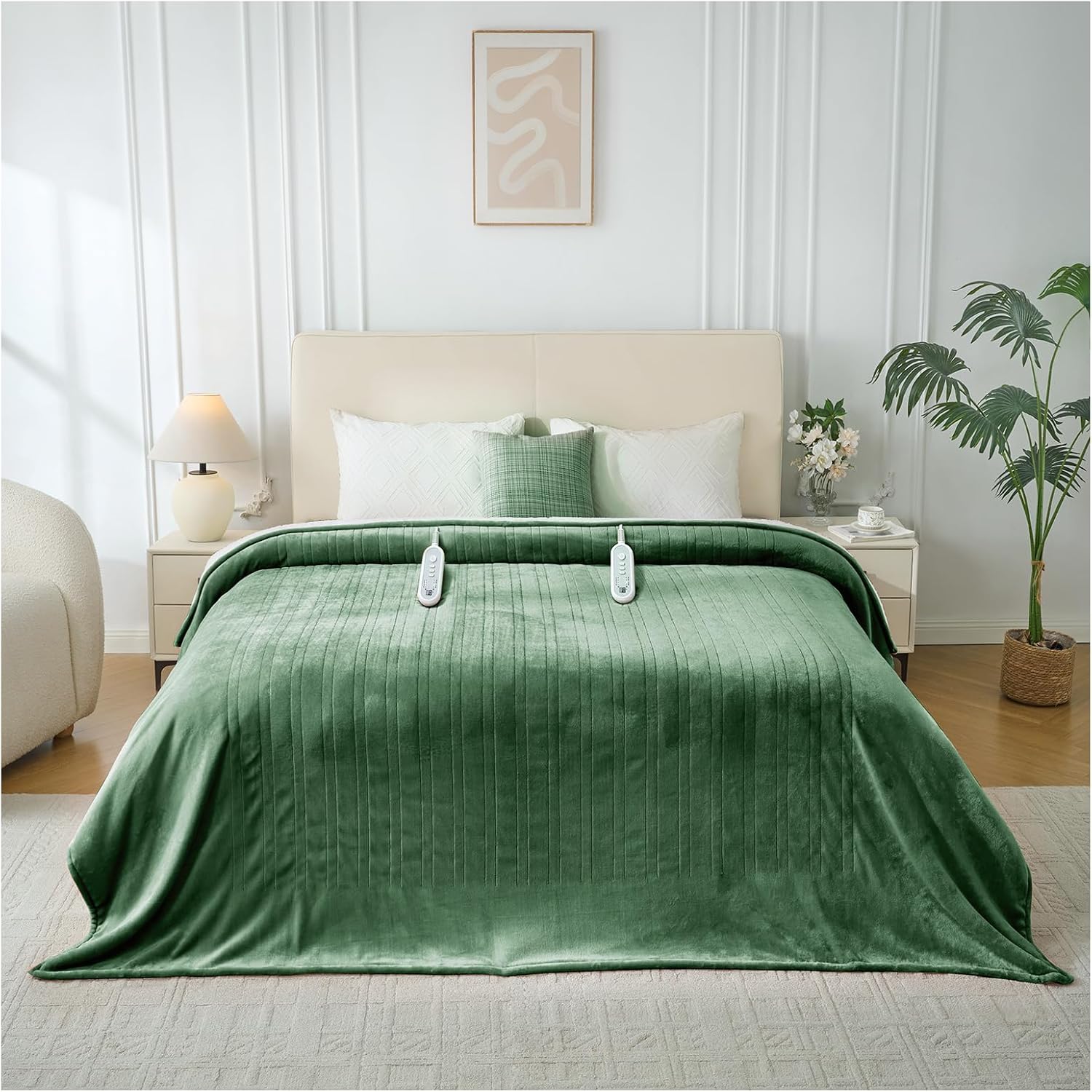 Electric Heated Blanket Queen Size, Dual Control Fast Heating Sherpa Blanket, 8 Heating Levels & 10 Hours Auto Off, Machine Washable with ETL & FCC Certified, Green