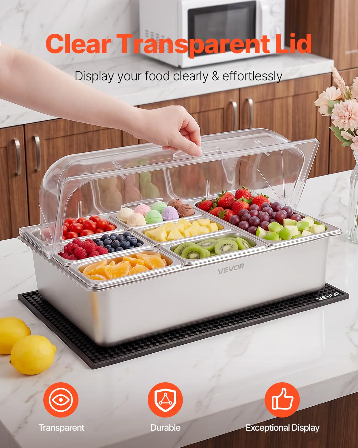 VEVOR Saladette à Poser, Vitrine Réfrigérée à Ingrédients en Inox, pour Fruits Buffet Froid Hôtel Restaurant Bar, Station de Garnitures avec 7 Bacs GN 1x1/3 et 6x1/9, Couvercle Rabattable Transparent