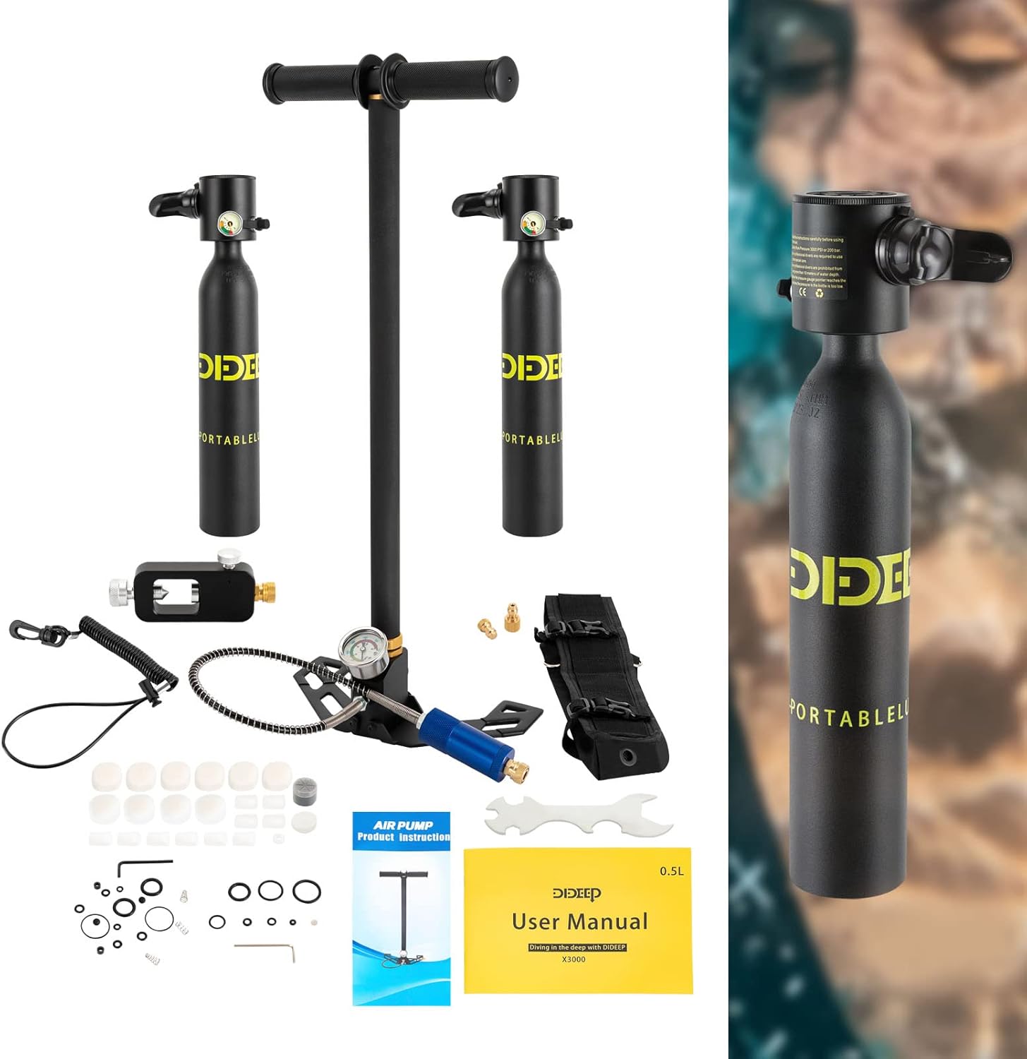 Mini Scuba Tank, 2PCS 0.5L Scuba Diving Tank Oxygen Cylinder, 5-10 Minutes Underwater Breathing, Portable Aluminium Alloy Scuba Diving Equipment for Underwater Exploration Emergency Rescue