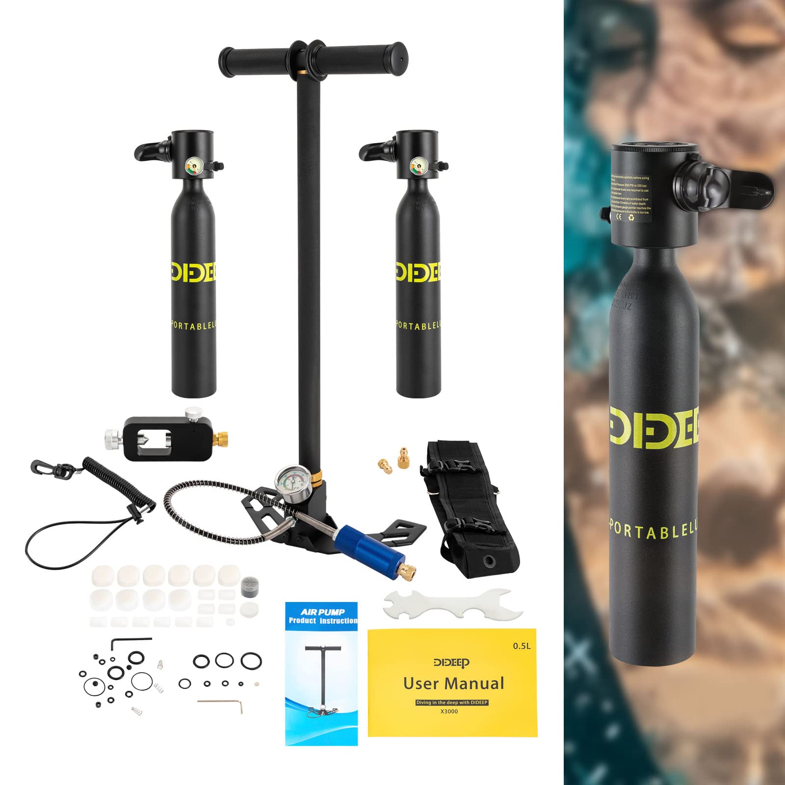 LUNUMAOS Mini Scuba Tank, Dual Portable 0.5L Capacity Scuba Cylinders with Reusable Diving Cylinder Kit, 5-10 Minute Submersible Lung Cylinders Portable 3000 psi Maximum Pressure Lung Pump Device