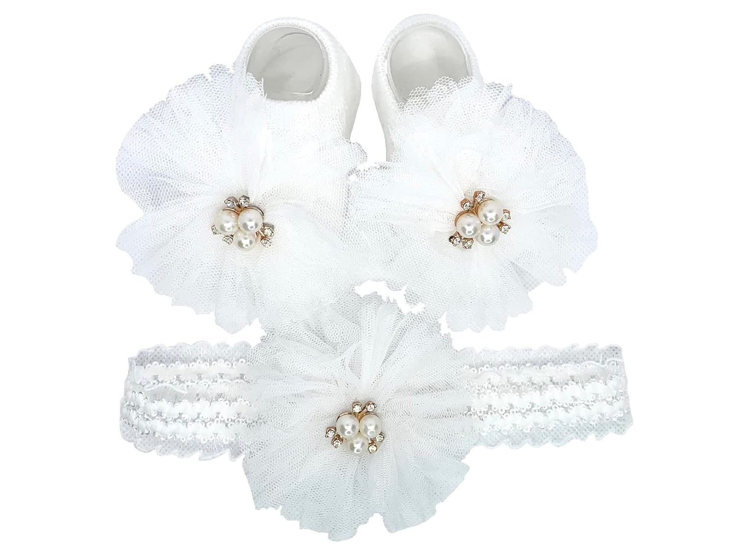 Baby Girl Headbands And Socks Set, Baby Girl Accessories For Newborn Decorated With Baby Bows 0-6 Months, Baby Girl Newborn Essentials Must Haves Floral Headband For Baby Girl (Snow)
