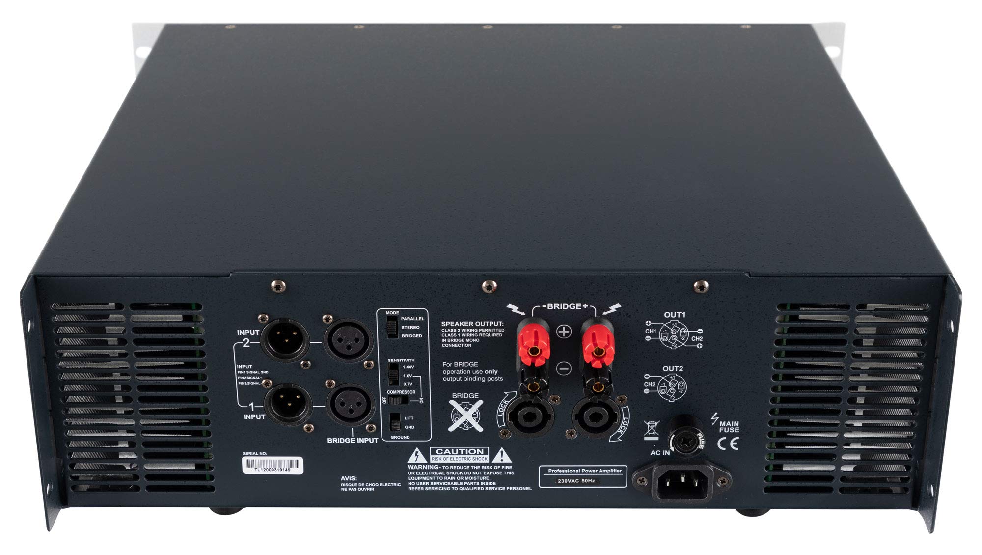 Pronomic TL-1200 Amplificador Estéreo 2x2400W a 2O, ventilador térmico, modos paralelo/estéreo/puente, protección y salida Clase H.