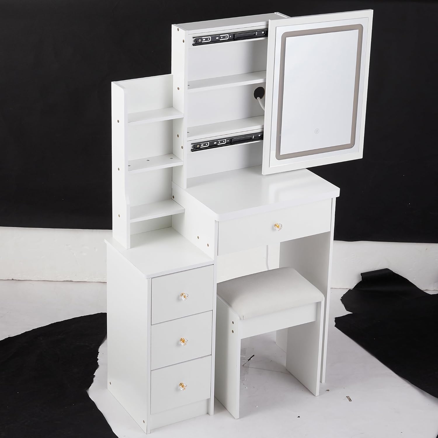 Maximize Space with Small Bedside Cabinet Vanity Table Set, Adjustable LED Mirror 3 Color Options, White
