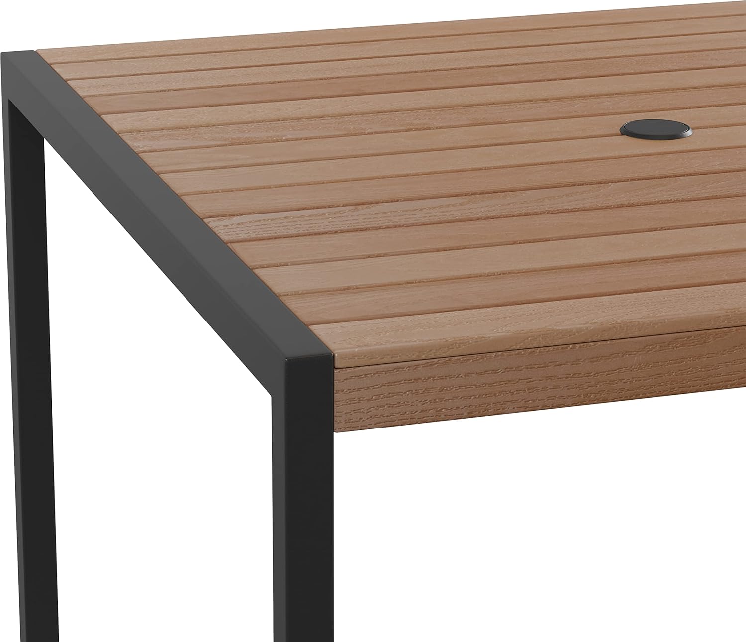 Square Black Steel Frame Dining Table with Faux Teak Top