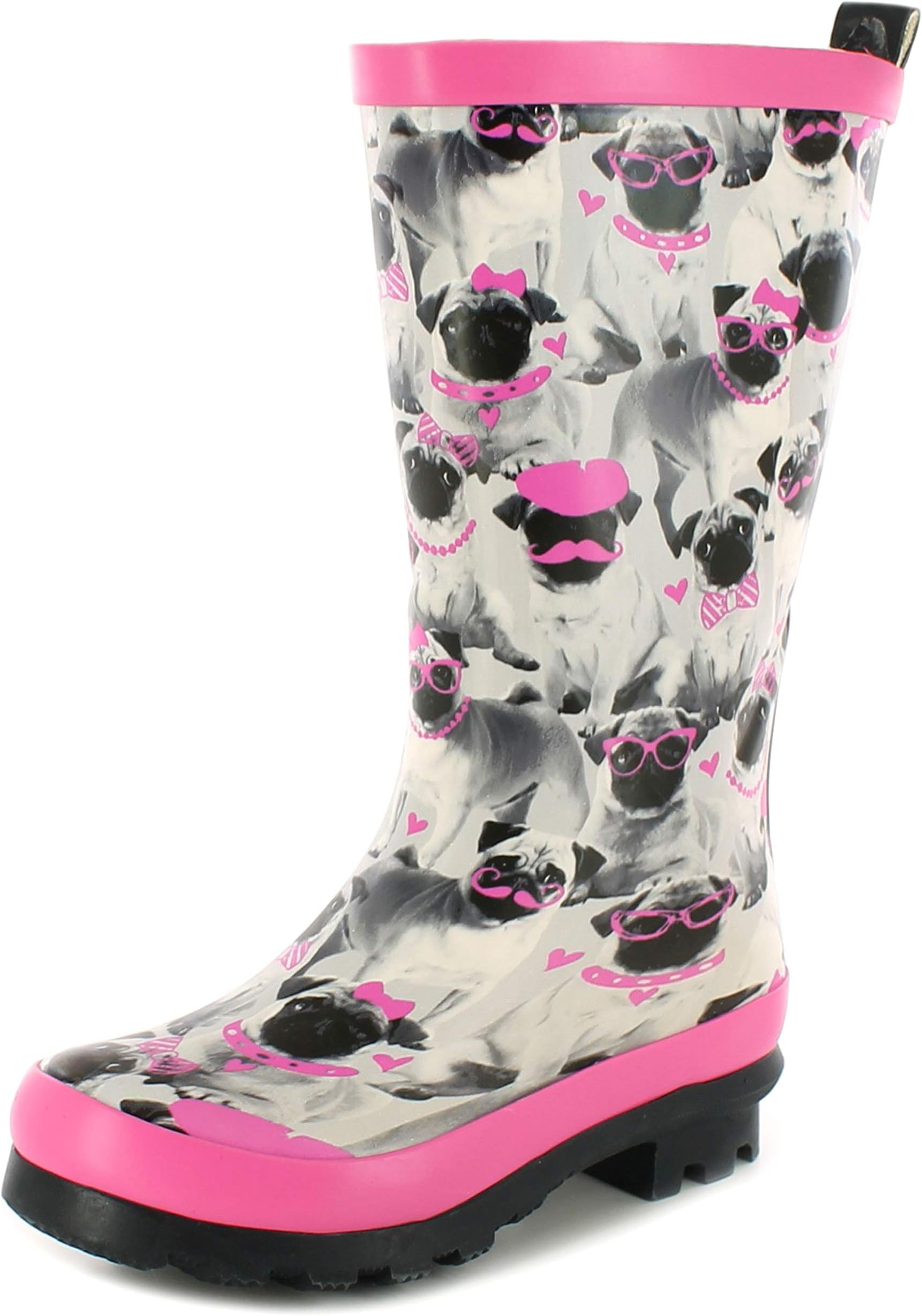 Platino Brandie rubber garden waterproof Girls/kids long leg Wellies cute grey pink Pug Dog printed design pet wellington boots Cotton and textile lining