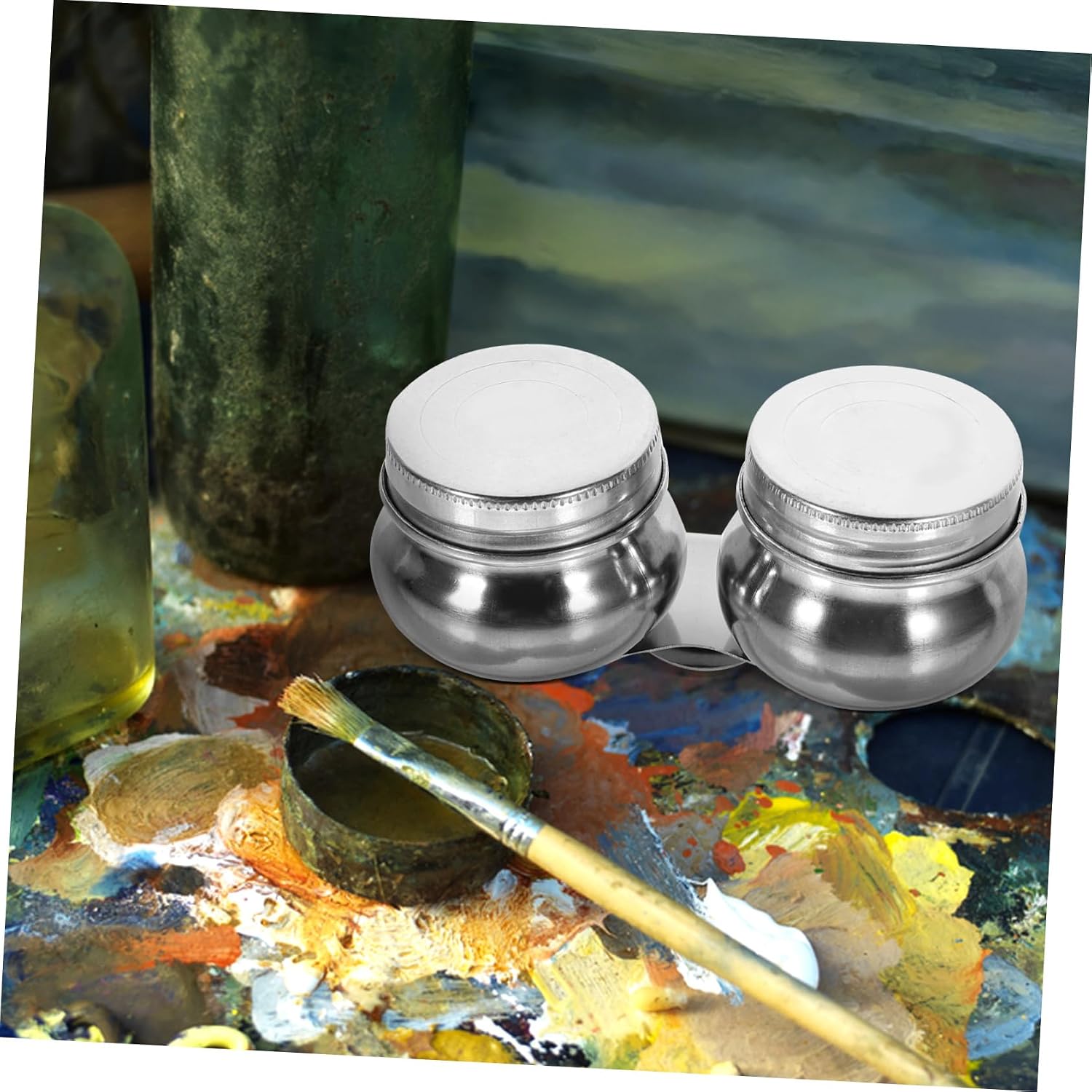 OHPHCALL 2-Piece Stainless Steel Palette Cup Lid Oil Painting Supplies Portable Palette Cup for Artists