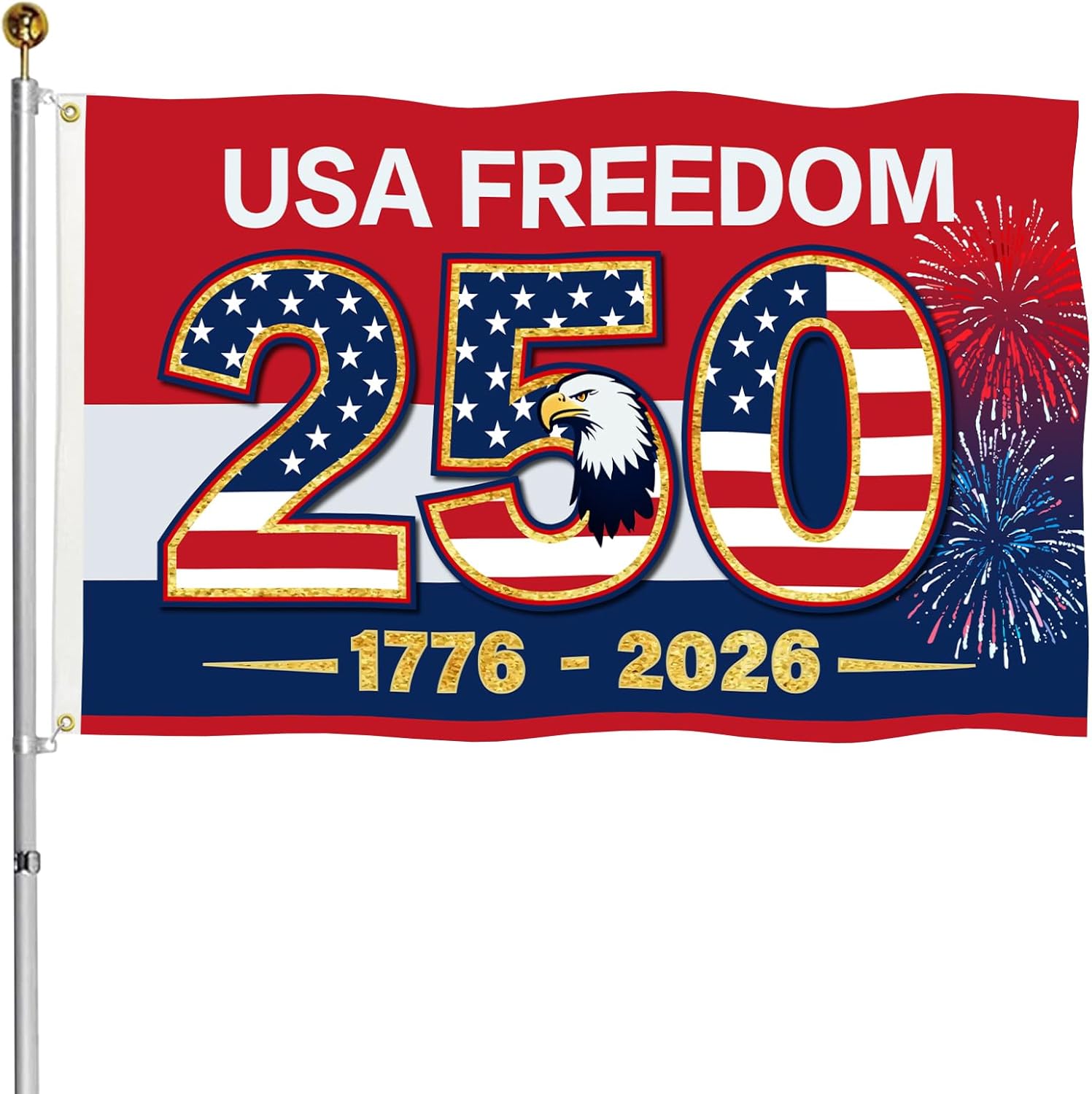 Heavy Duty 3 Ply 250th Anniversary USA Flag Double Sided 3x5 Ft 100D Polyester, 12oz Canvas Header & Brass Grommets, 250 Year American Flag 1776-2026, for 4th of July