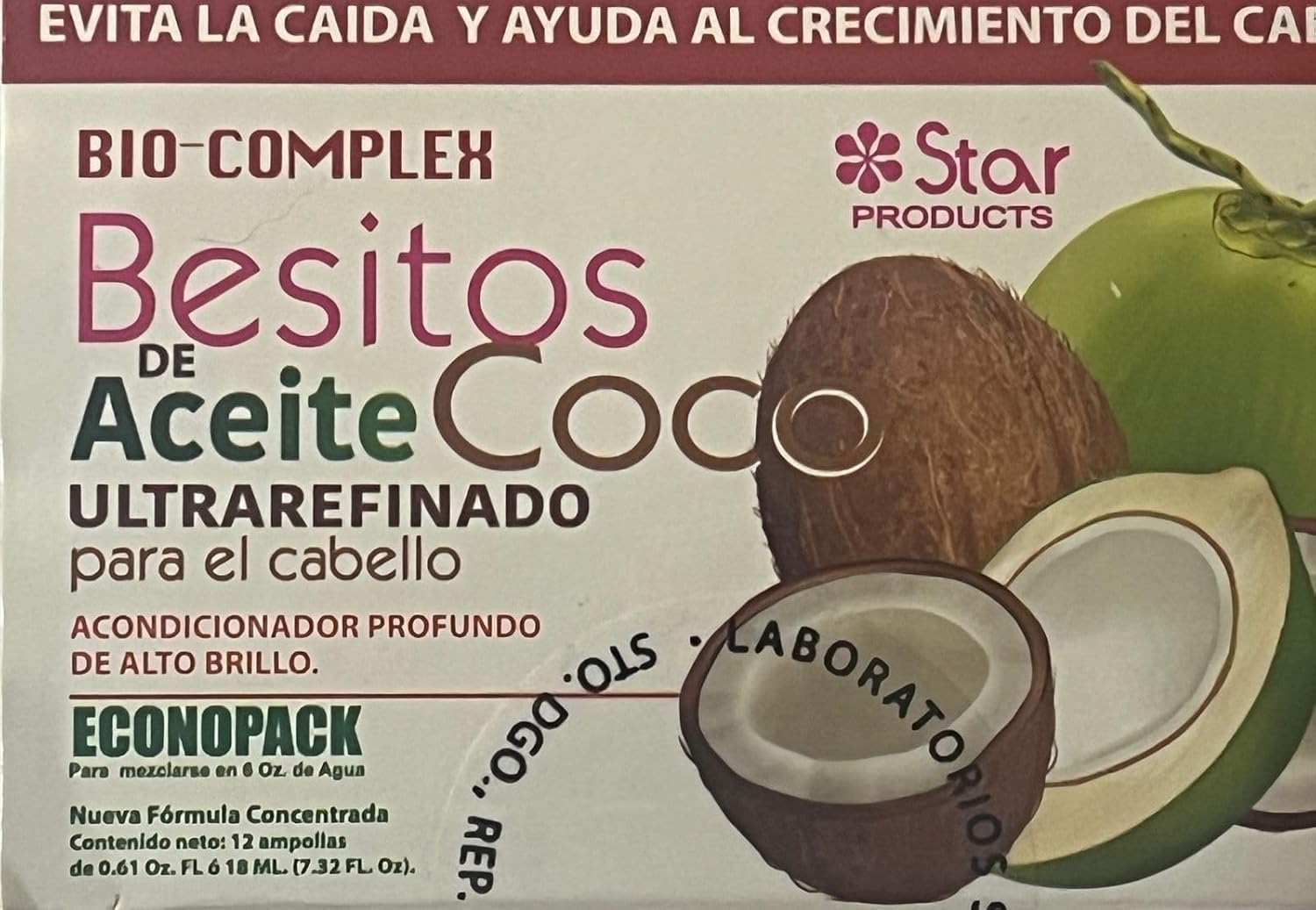 Bio-Complex Besitos Coconut Oil Ultra Refined Hair Treatment, 12 Ampoules, 7.32 fl oz