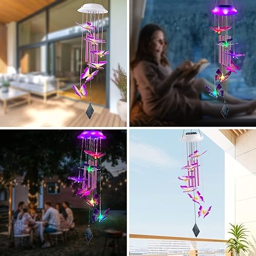 Miniatura 2 de Carillón de viento solar con mariposas, regalos para mamá y mujeres, carillón de viento LED brillante con cambio de colores para exteriores con 4