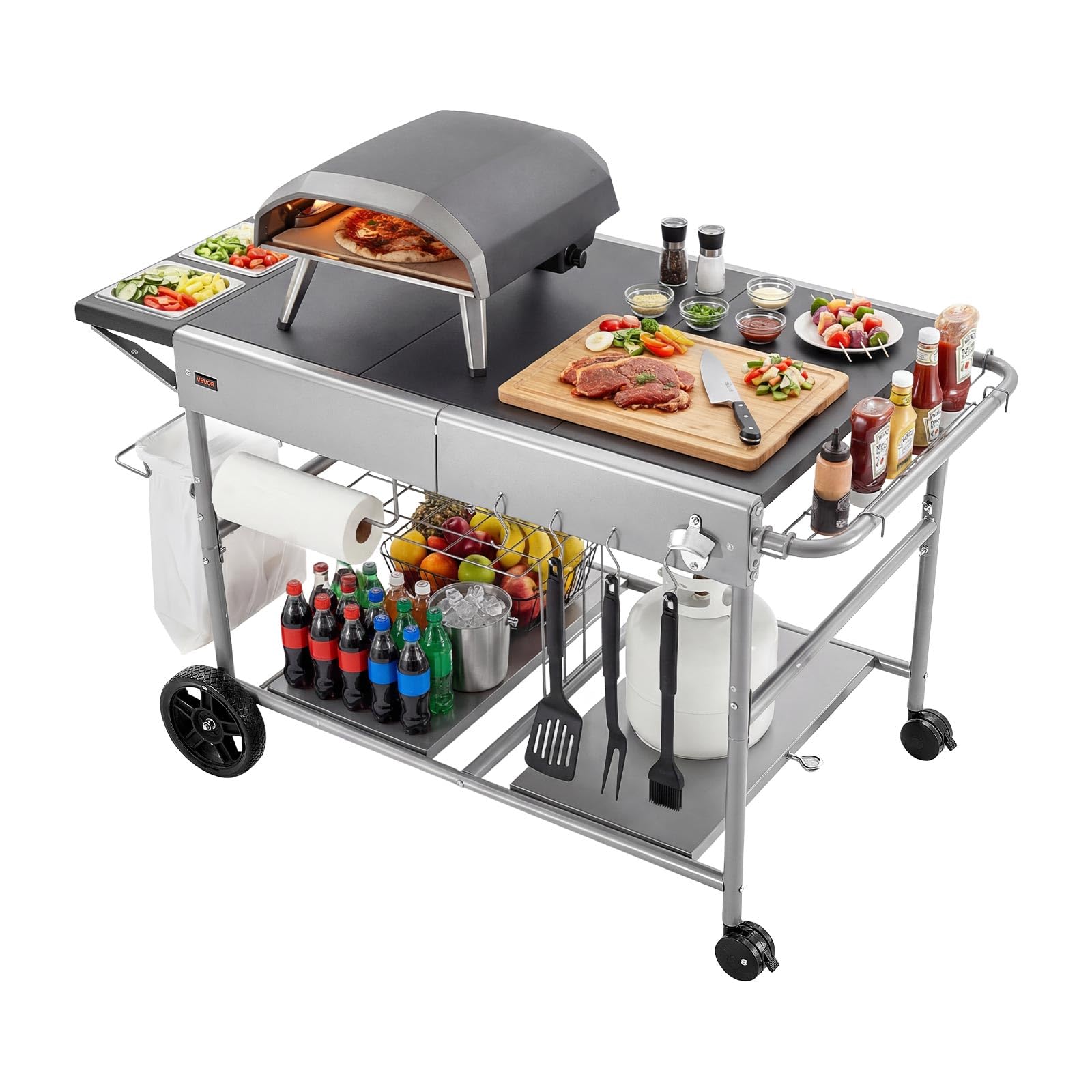 VEVOR Desserte de Jardin pour Plancha, Chariot de Barbecue 136x76x79 cm, pour Préparation de Cuisine BBQ Piques-niques Terrasse Extérieur, avec Roues, Récipients à Épices, Couvercles et Crochets