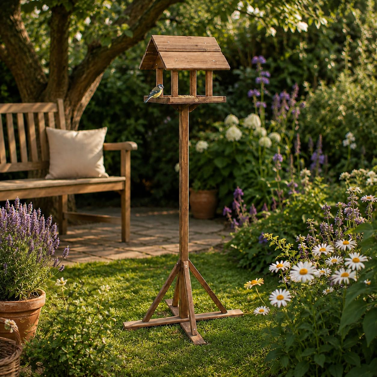 Garden Mile Tradizionale in Legno mangiatoia per Uccello da Giardino casa Dosatore impianto shelt Scacchi Nutrire Station Portatile Libero in Piedi