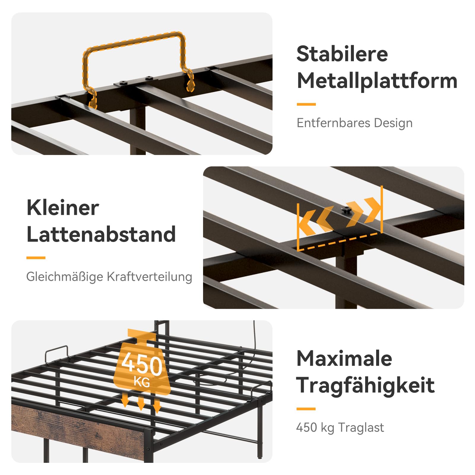 ODK Bett 140x200, Bettgestell mit 2 Schubladen, Betten 140x200 mit Stauraum, Kopfteil mit LED Beleuchtung & (Steckdose/USB), Metall Doppelbett