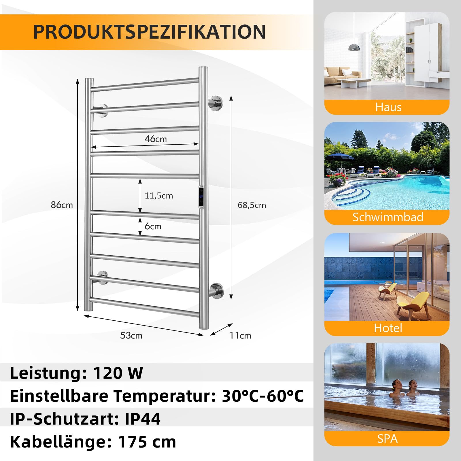 RELAX4LIFE Elektrischer Badheizkörper 860 x 530mm Handtuchwärmer mit LCD-Anzeigebildschirm Timer-Funktion Überhitzungsschutz Handtuchtrockner Wandmontage Heizkörper Bad aus Edelstahl Silber Gerade