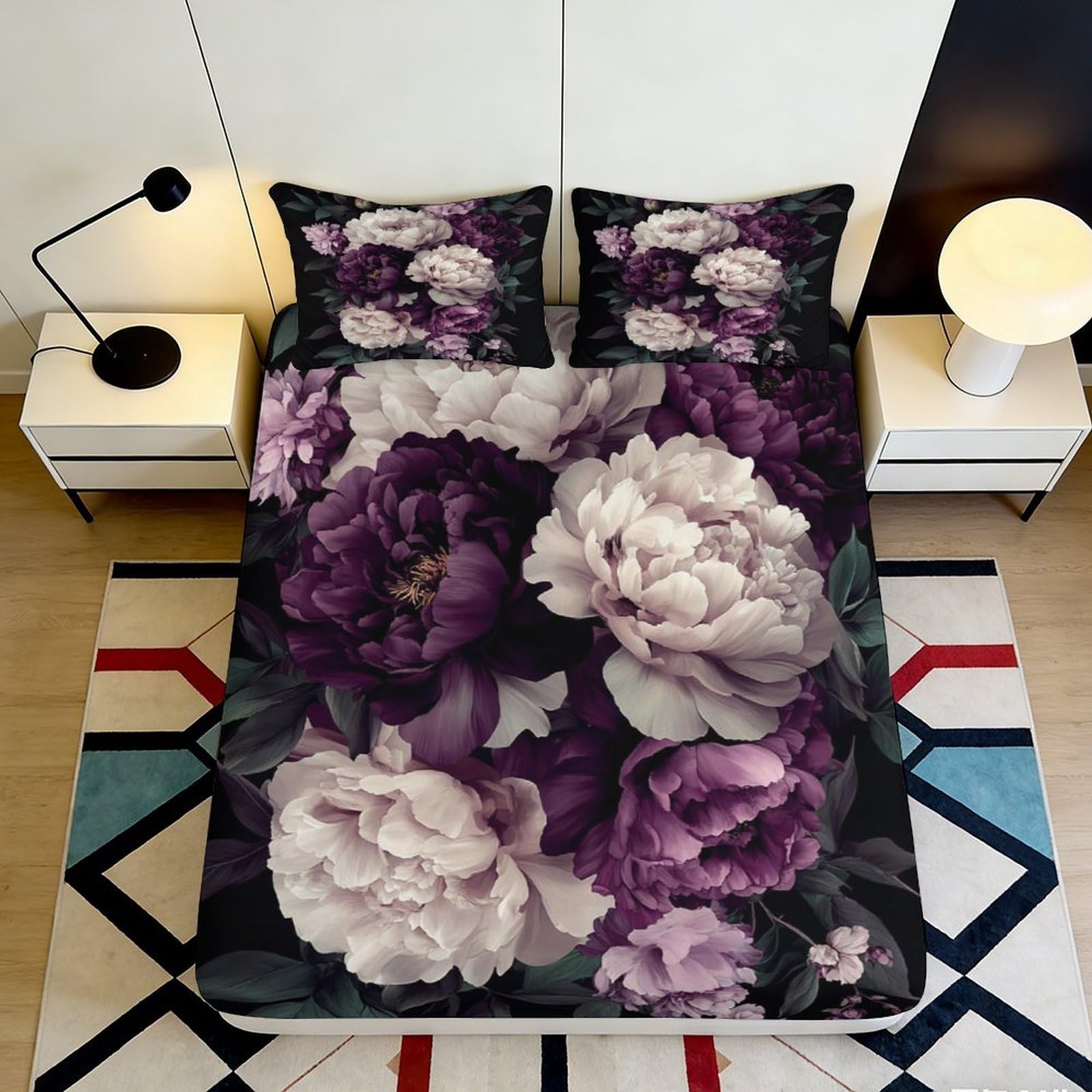 3D Printed Purple Peony Floral Fitted Sheet Microfiber Soft Anti-Slip Mattress Cover Bedroom Decor Machine Washable 180x200x25cm