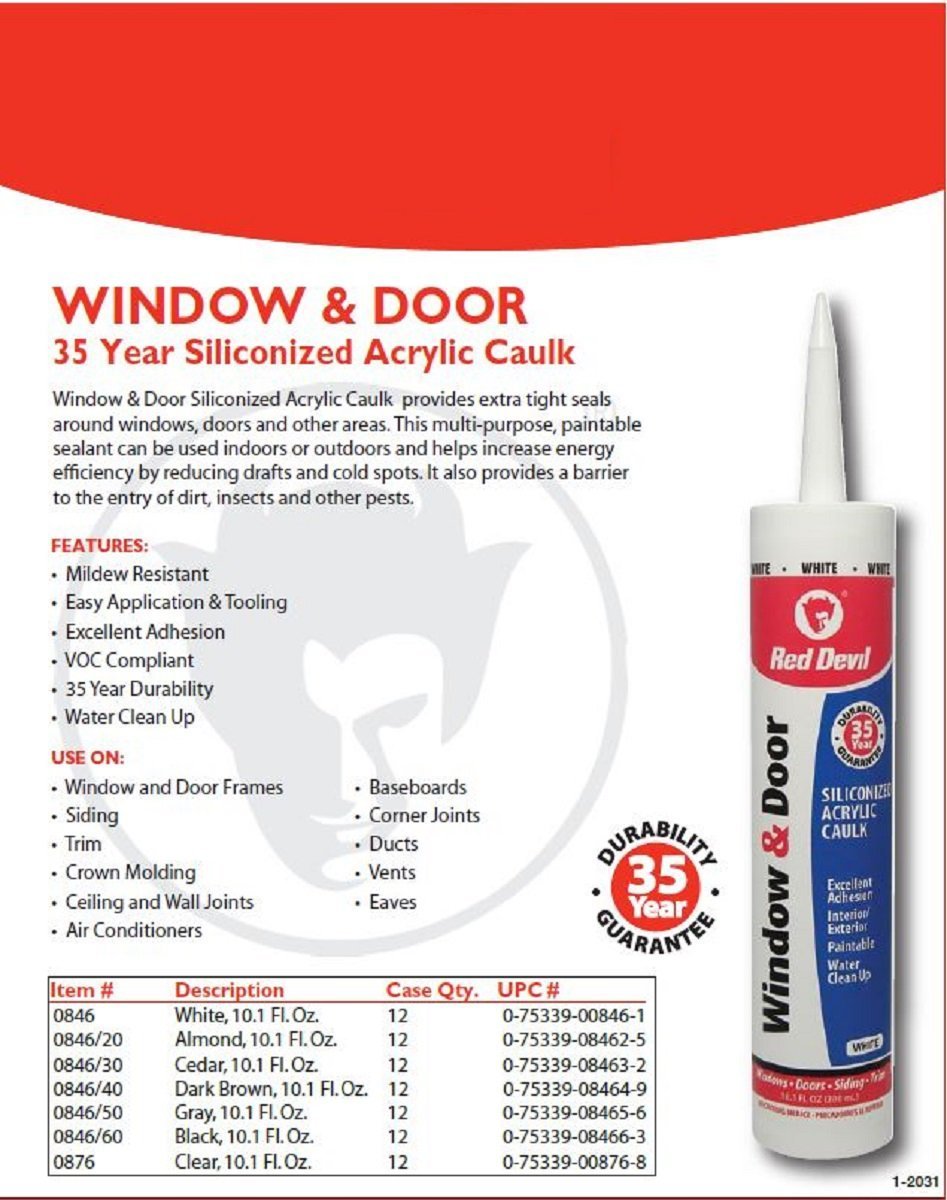Red Devil 0846 Window & Door Silicone Acrylic Caulk, White, 100% Waterproof, Paintable, 10.1 oz, Pack of 1, Made in USA : Industrial & Scientific