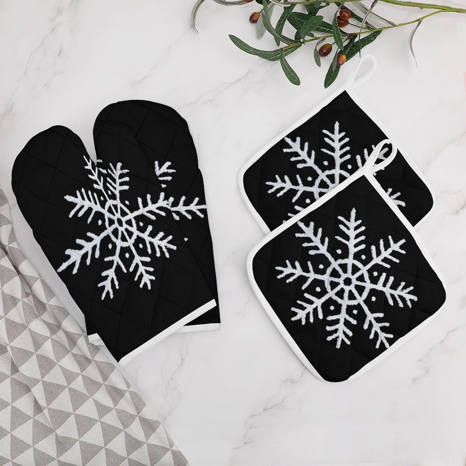 Snowflake 4 Pcs Oven Mitts and Pot Holders Set High Heat Resistant Long Kitchen Oven Glove Potholders