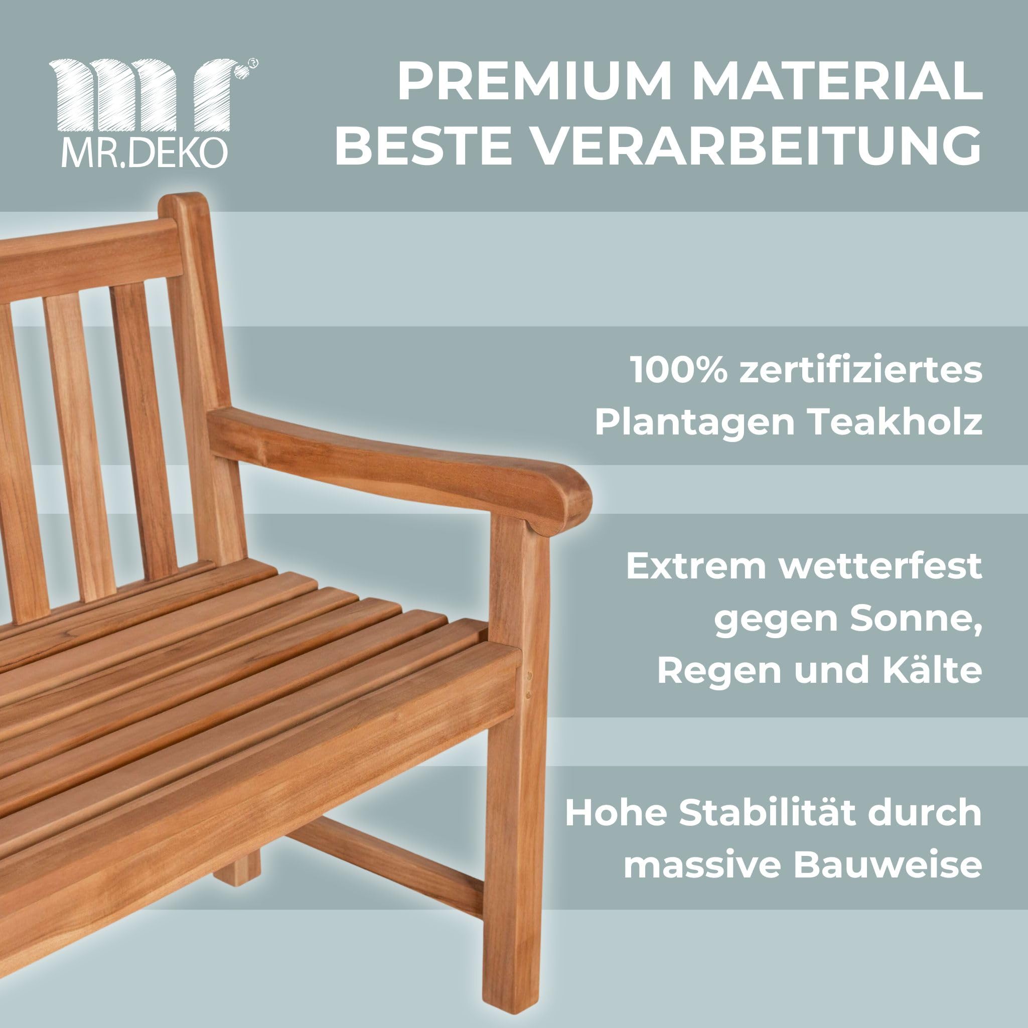 MR. DEKO Gartenbank wetterfest Sitzbank Outdoor Teak Balkon Bank Motiv Moin | Holz 2-Sitzer 120x60x94cm