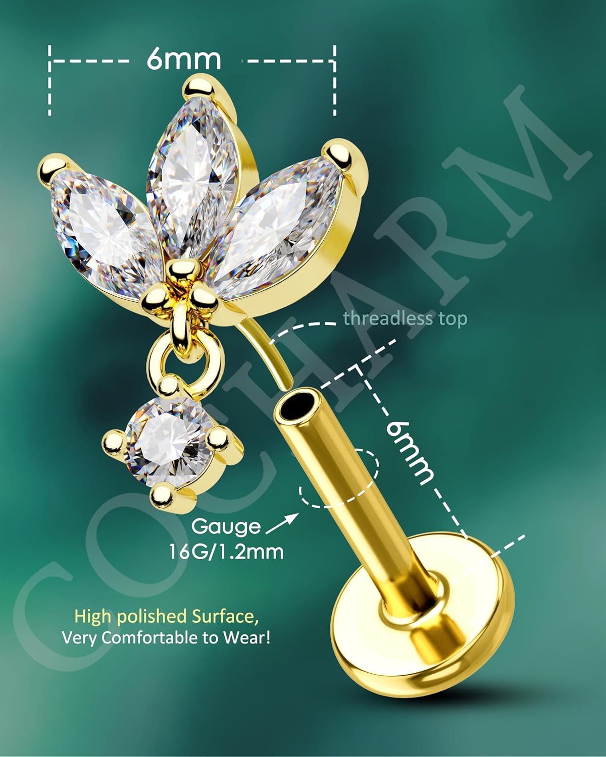 COCHARM Silver Gold Dangling Lotus Helix Tragus Earring Stud 16g 6mm Threadless Cartilage Earring Flat Back Flower Helix Cartilage Piercing Short Bar Helix Jewelry - Image 3