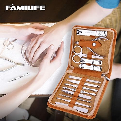 Miniatura 8 de FAMILIFE F03 Juego de manicura de 13 piezas y L07 100% acero inoxidable encarnadas lima y levantador de uñas de doble cara con estuche de