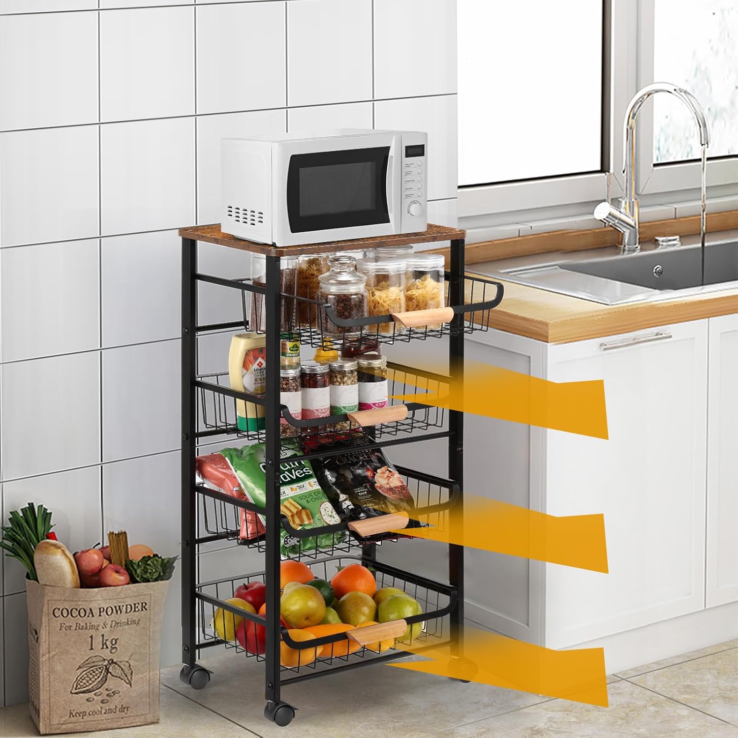 Kitchen Storage Rolling Cart on Wheels, 5 Tier Metal Rolling Utility Mesh Basket Pantry Cart Rack with Wooden Tabletop for Fruit Vegetable Onion Potato Storage