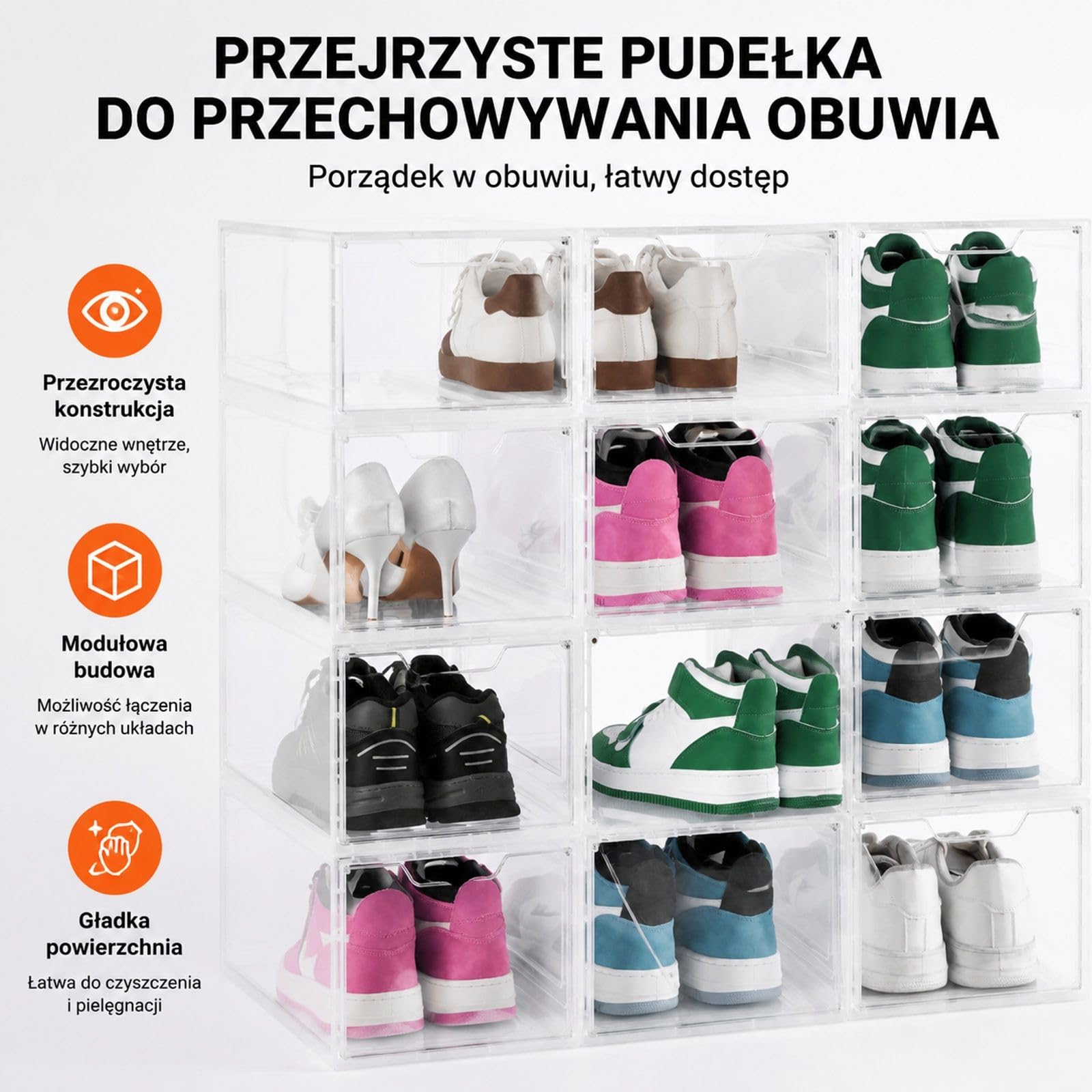 12 układanych pudełek na buty przezroczyste białe, organizer PP/PET z drzwiczkami magnetycznymi dla rozmiaru US 13, obcasy kozaki kapelusze