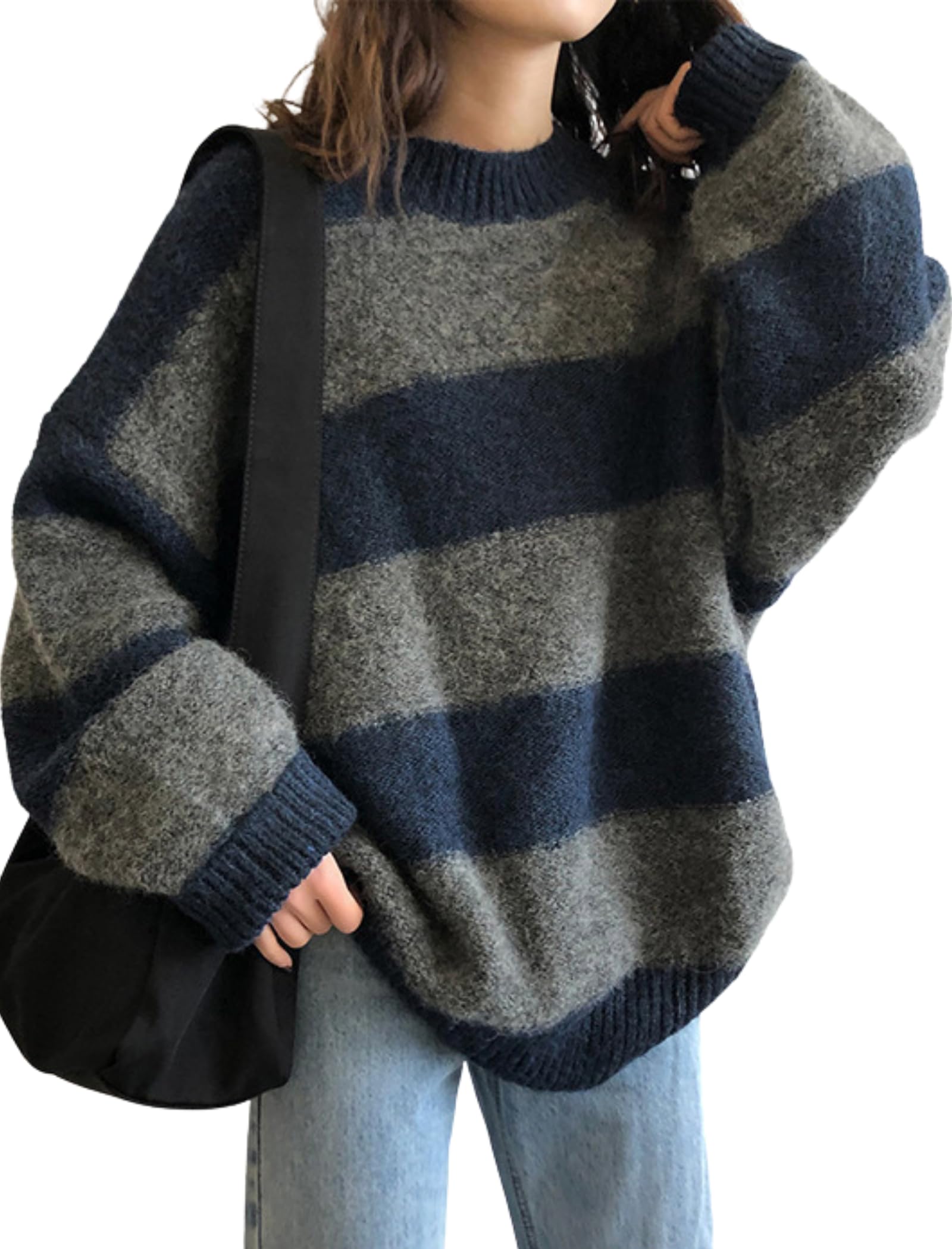EMMIOL Womens Oversized Striped Sweaters 2026 Spring Trendy Long Sleeve Knit Outfits Crewneck Fashion Pullover Tops