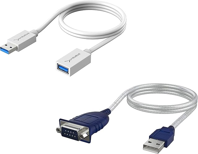 SABRENT USB to Serial (9 Pin) DB 9 RS 232 Converter Cable, Prolific Chipset, HEXNUTS+ USB 3.0 Extension Cable A Male to A Female [White] 3 Feet