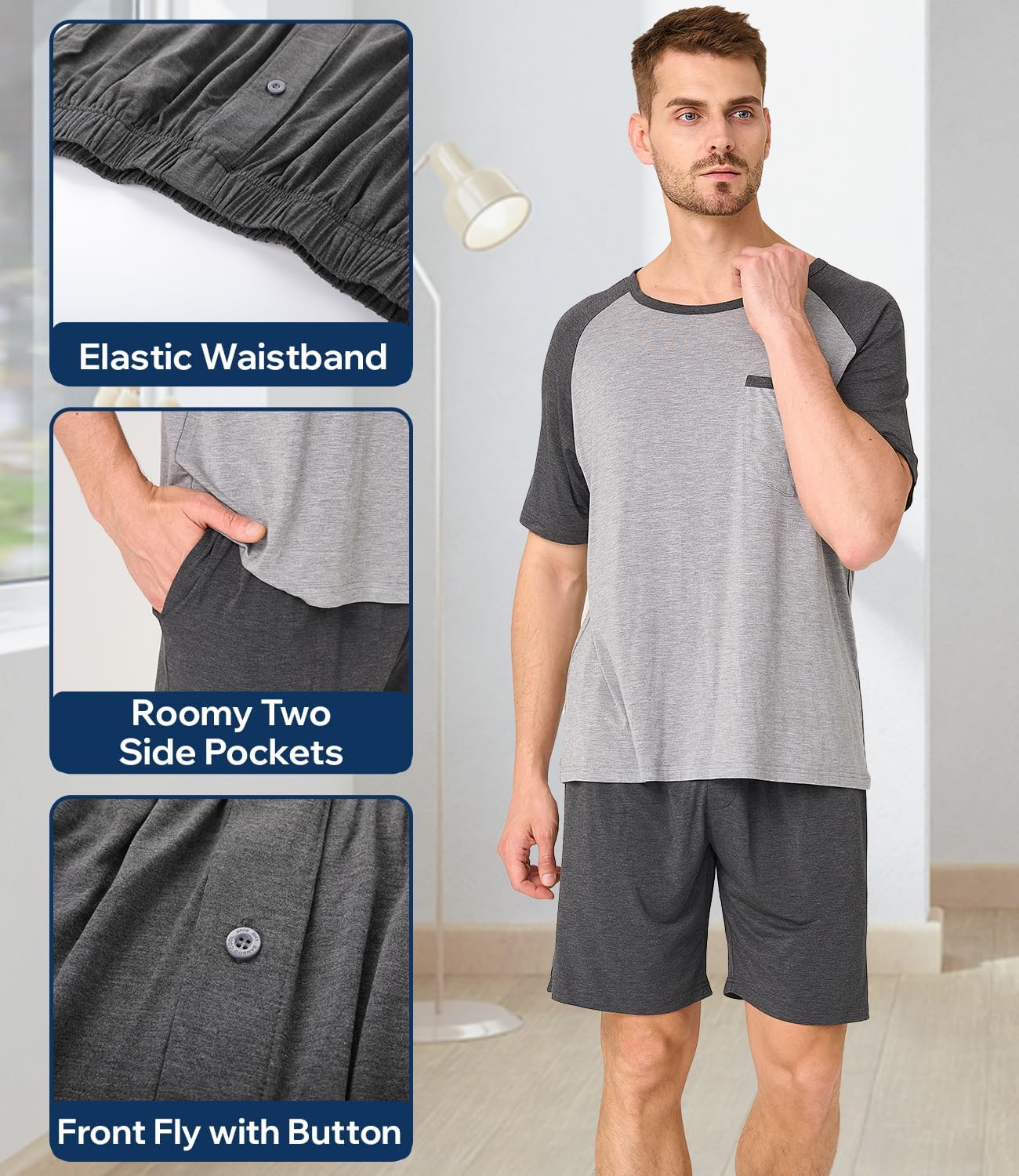 BAMBOO COOL Mens Pajama Set Summer Pjs Sleepwear Short Sleeve Shirts Soft Lightweight Sleep Sets Loungewear with Pockets - Image 4