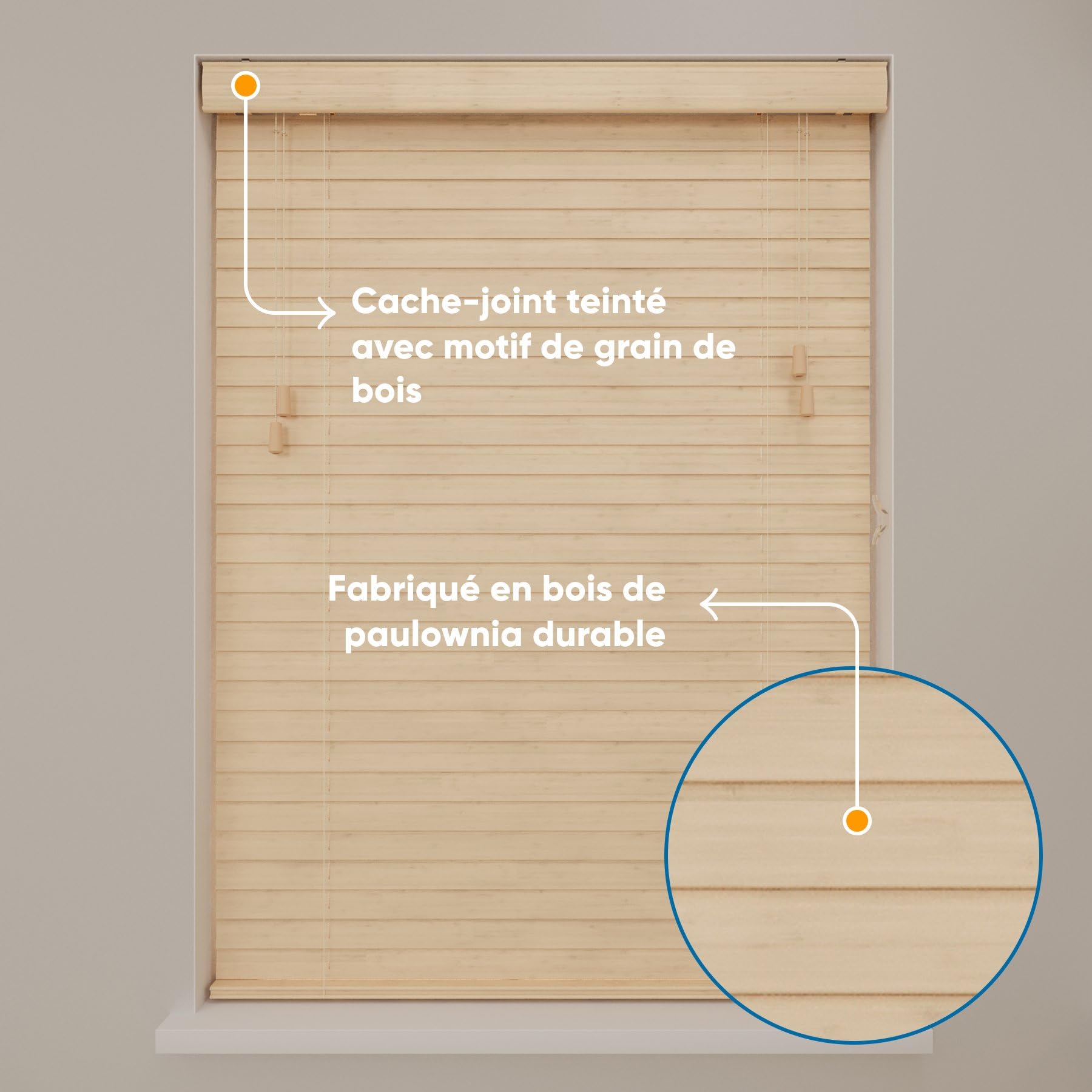 DTCH® Store vénitien en Bois Naturel 60 x 130 cm (LxH), lamelles de 50 mm en Bois de Paulownia, largeurs Disponibles de 50 à 250 cm, Store intérieur, Jalousie pour fenêtre