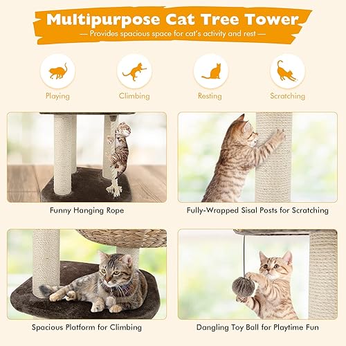 Vista 14 de Tangkula Árbol moderno para gatos, torre pequeña para gatos con poste rascador de sisal natural, condominio para gatos hecho a mano y percha Café