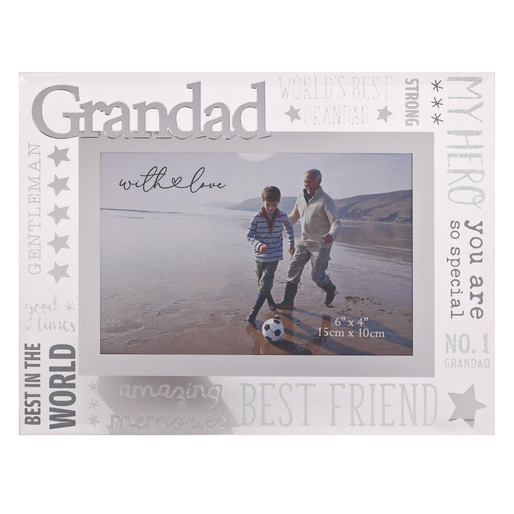 Widdop And Co Silver With Love - Glass Picture Frame 3D - Grandad - 6" X 4" - Horizontal Single Aperture Free-Standing Easel Back - Memories, Keepsake, Mum, Dad & Kids, Wedding Gifting & Homeware - H: 22 X W: 17Cm. Size 3