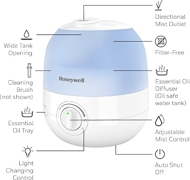 Honeywell Ultra Glow Humidifier and Essential Oil Diffuser, Filter Free Cool Mist Humidifier for Bedroom with Color Changing Tank Light