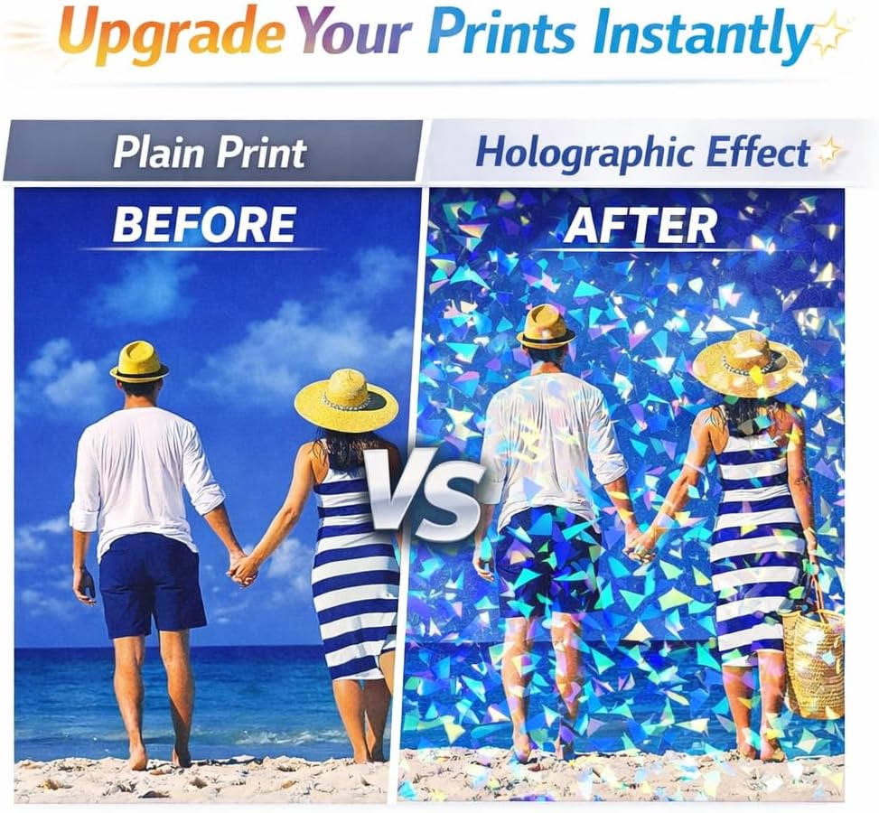 36 Sheets Holographic Sticker Paper Holographic Clear Vinyl Self Adhesive Waterproof Transparent Laminating Sheets Rainbow Overlay with A4 (11.7 x 8.3 Inch) 6 Styles Mixed