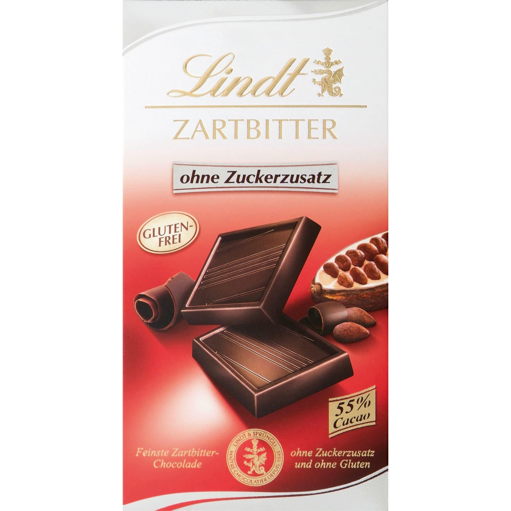 Lindt Schokolade | Zartbitter Tafel ohne Zuckerzusatz | 100g | feinste Zartbitter-Schokolade mit 55% Kakao ohne Zuckerzusatz und ohne Gluten | Glutenfreie Schokoladen-Tafel