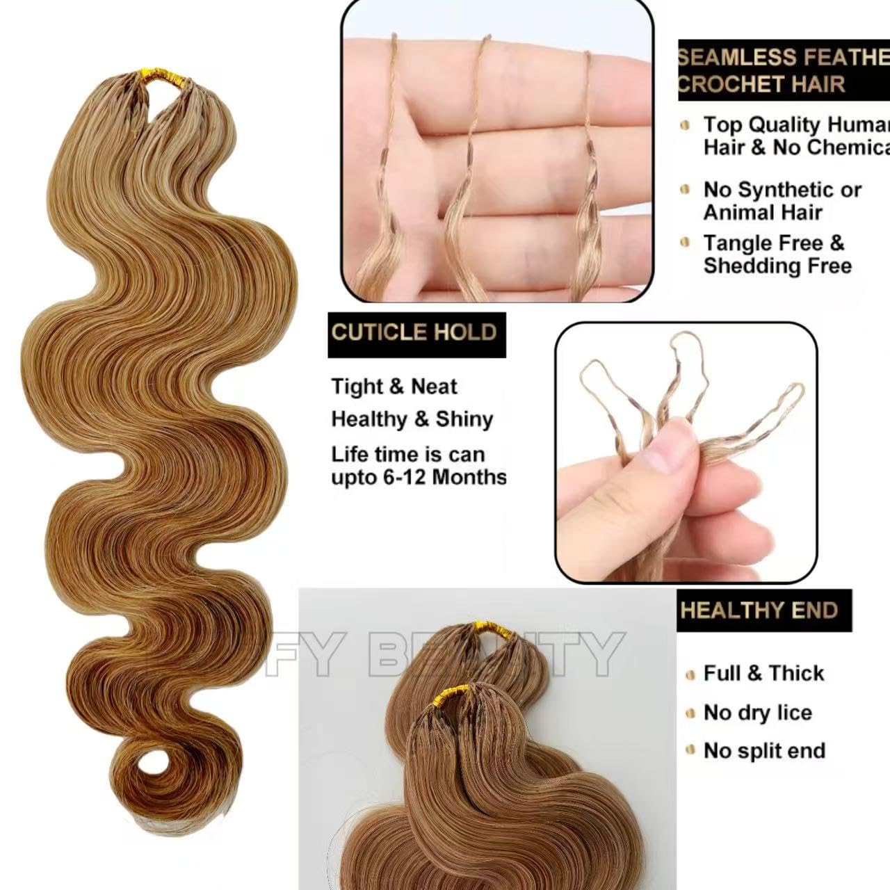 Body Wave Crochet Human Hair Extensions Honey Blonde Micro Pre Looped Human Feather Crochet Hair Pre Separated Knotles Crochet Human Hair For Braiding Twist 14inch 120g #27