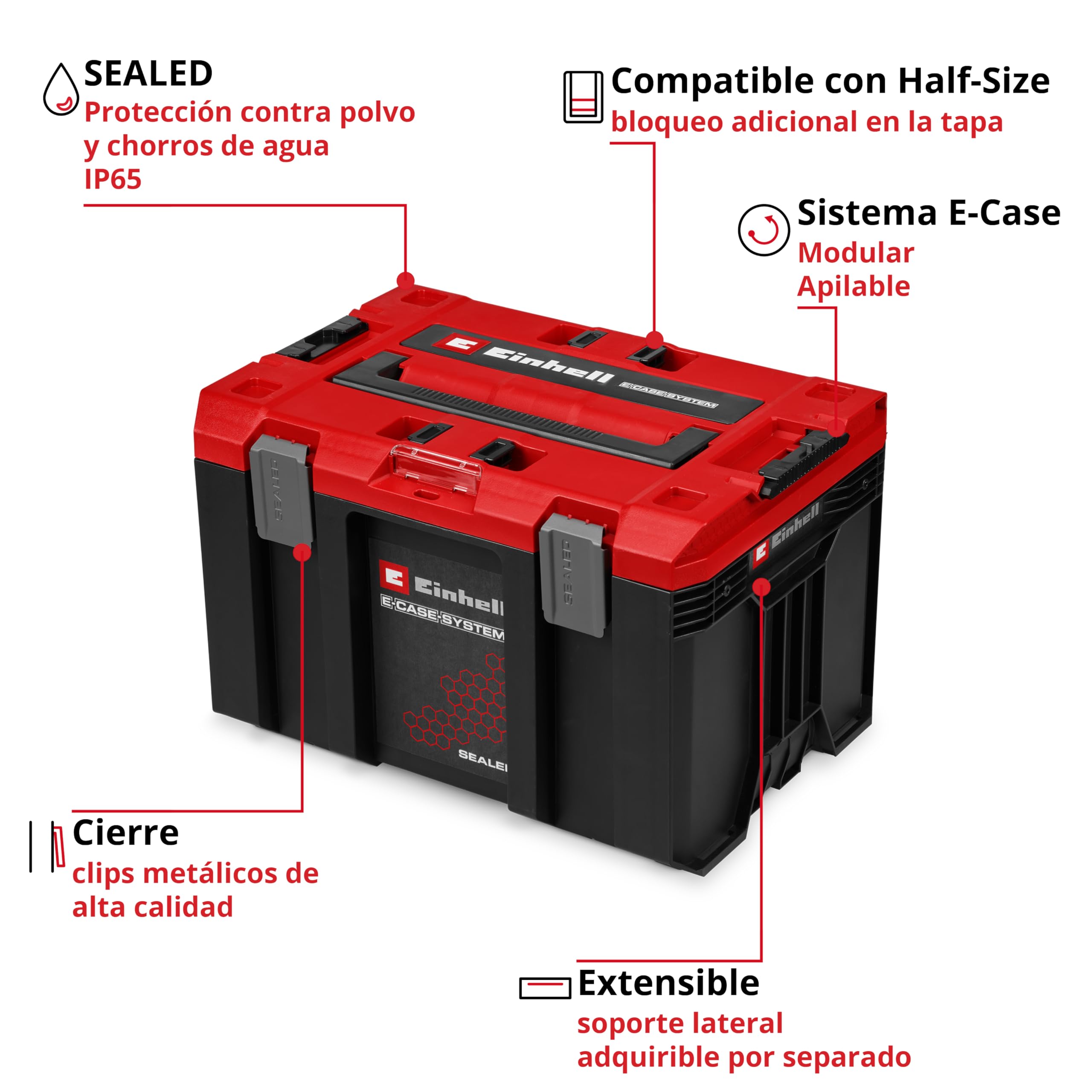 Einhell E-Case M SEALED (sistema E-Case, a prueba de polvo y a chorros de agua, compatible con Half Size E-Cases, 44 x 33 x 29 cm, carga útil máxima de 90 kg, asa de transporte)