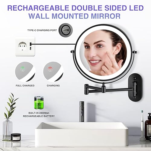 Miniatura 4 de Espejo de maquillaje recargable montado en la pared, espejo de baño de doble cara de 8.5 pulgadas con aumento de 110x con 3 luces de color, espejo