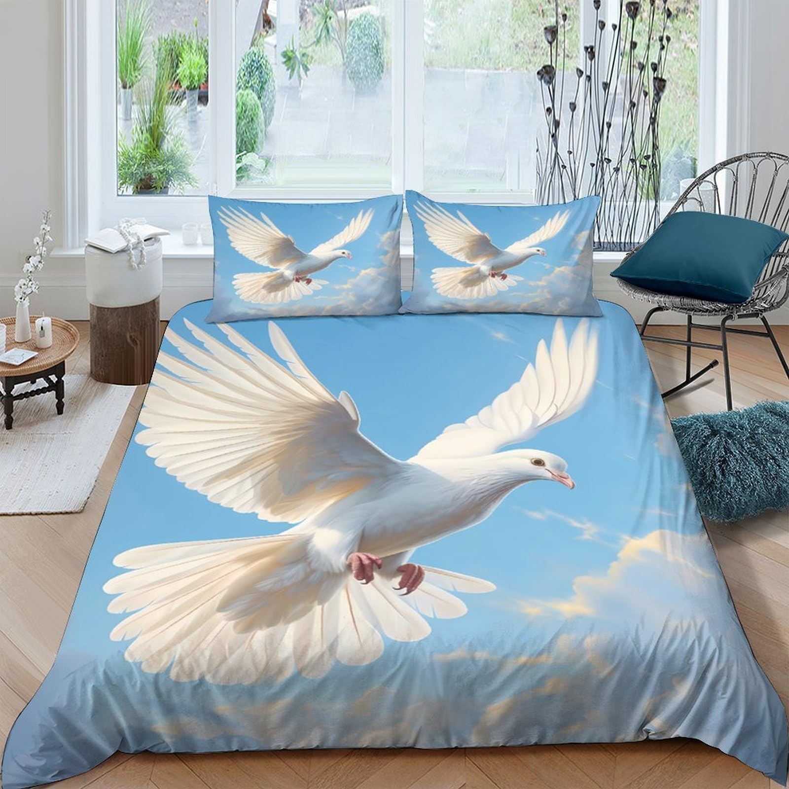 Ctjqhvkz Style-8 3D Printed White Dove Fitted Sheet Microfiber Soft Blue Sky Bed Cover Anti-Slip Machine Washable Bedroom Decor Single（135X200cm）