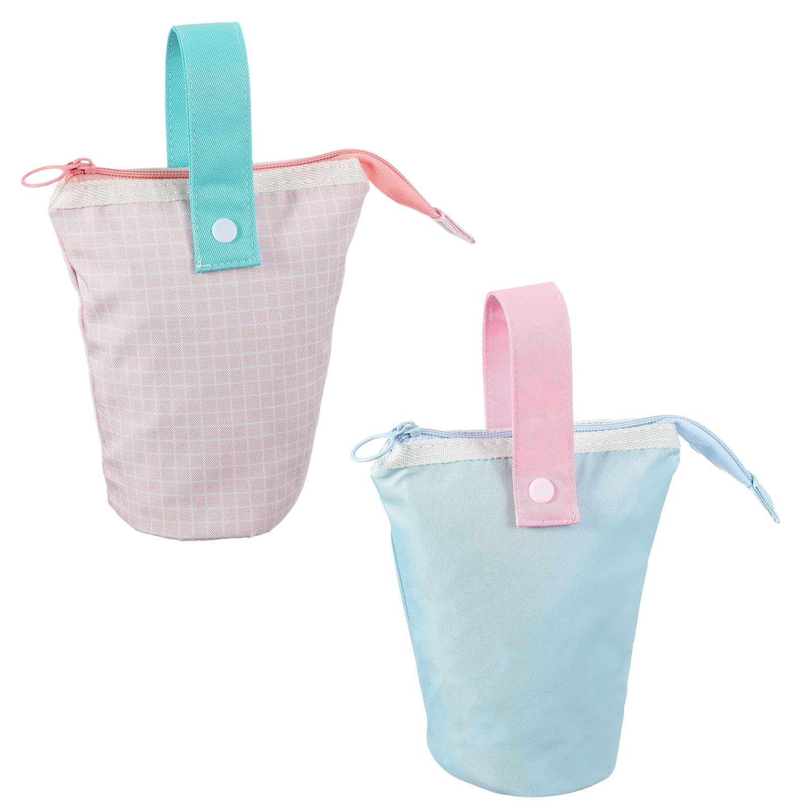 PATIKIL Stand Pencil Pouch, 2 Pcs Telescopic Standing Pen Pouch with Handle Stand Colored Pen Holder Foldable Makeup Cosmetic Bag Art Supplies for Home Office, Pink Plaid/Light Blue