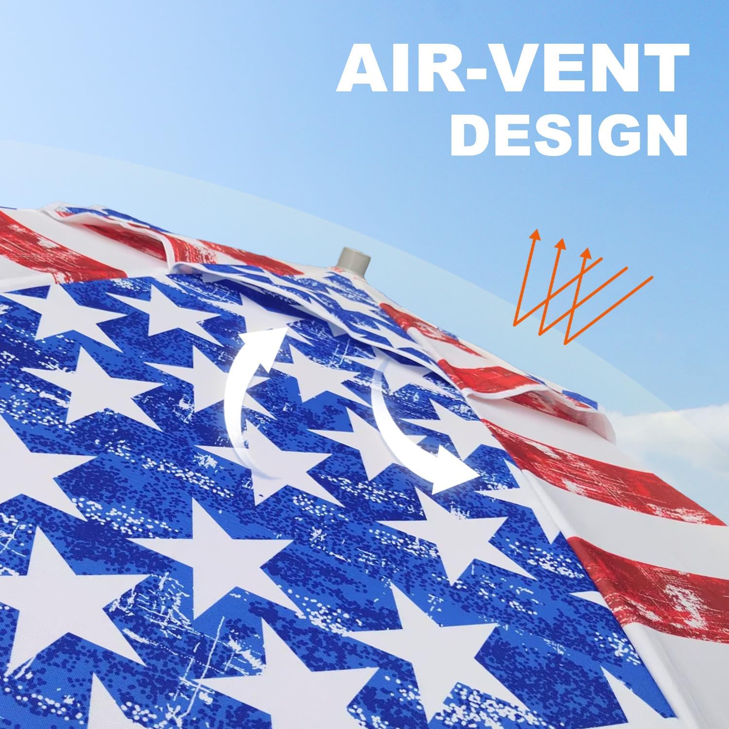 AMMSUN 7.5ft Heavy Duty HIGH Wind Beach Umbrella Commercial Grade Patio Beach Umbrella with Air Vent Ash Wood Pole & Carry Bag UPF 50+ Protection American flag