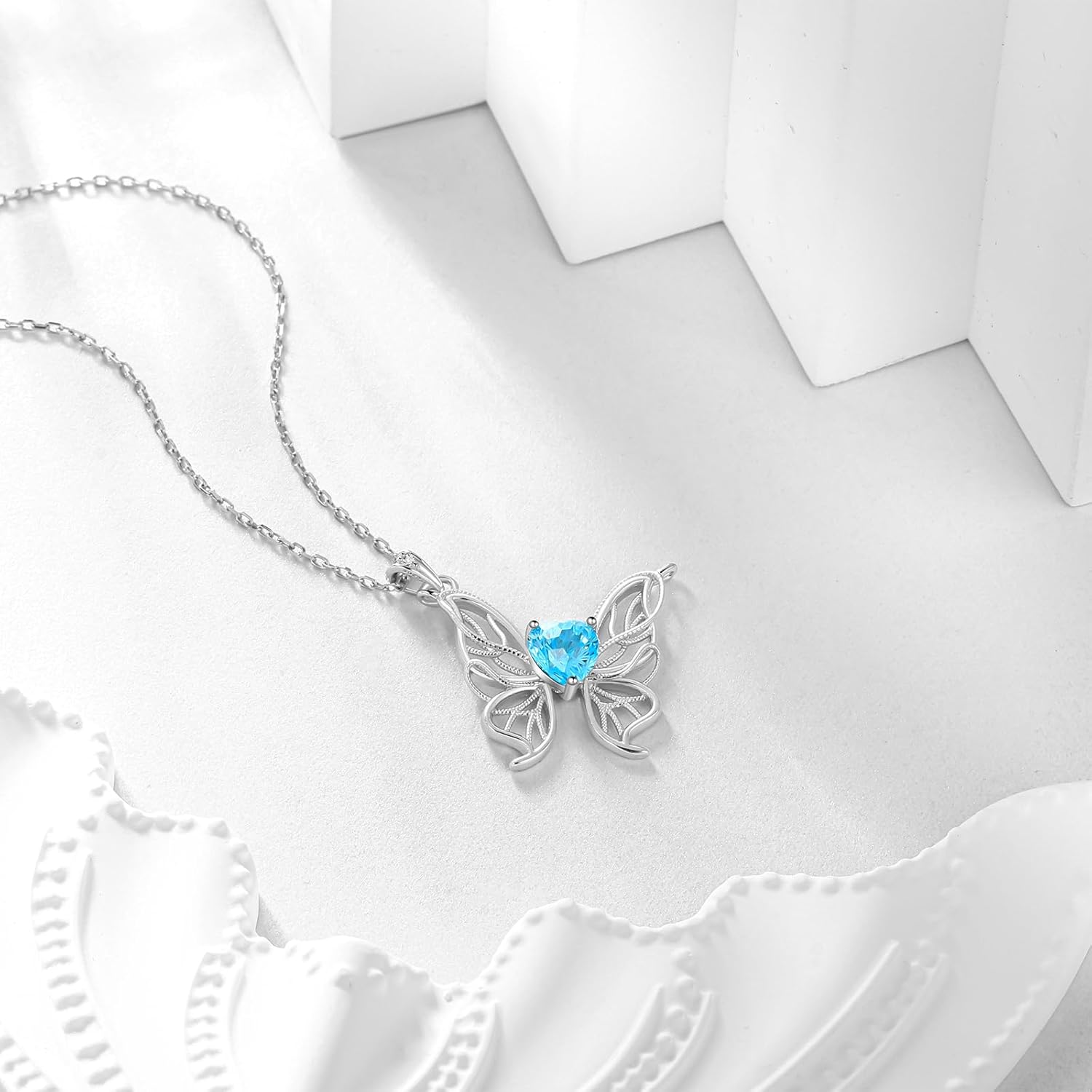 Filigree Butterfly Birthstone Pendant Necklace - 925 Sterling Silver Firework-Cut Heart Cubic Zirconia Twine Butterfly Necklace Anniversary Birthday Jewelry Gift for Women Wife Mom Daughter