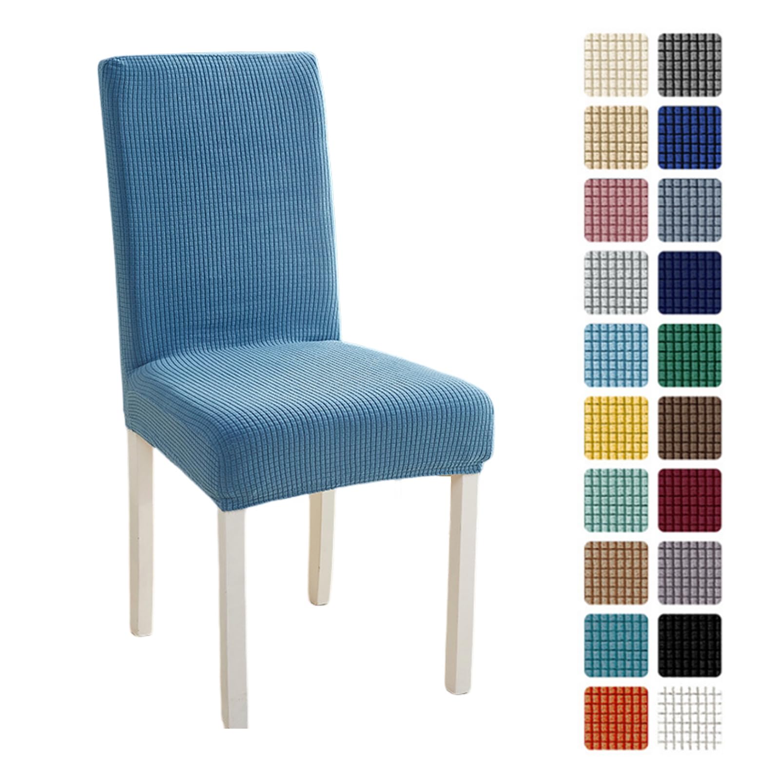 Odot Chair Covers Set of 2/4/6, Elastic Dining Chairs Seat Covers Solid Colours Jacquard Plaid Dining Chair Covers, Washable High Back Stretch Chair Cover for Restaurant (Set of 6,Light Blue)