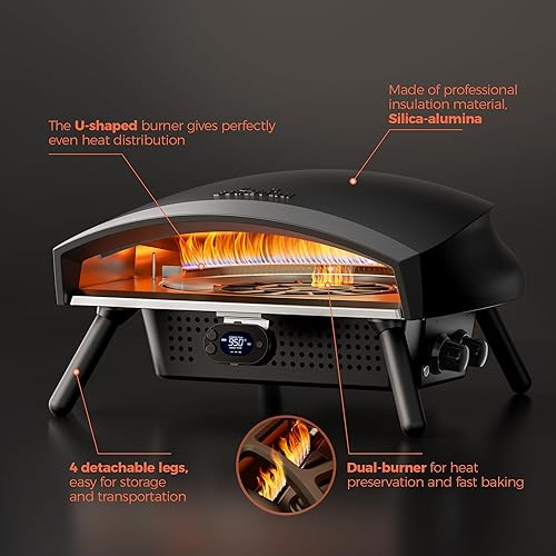 Miniatura 4 de Horno de pizza de propano de 16 pulgadas, horno de pizza de gas al aire libre con sistema giratorio y termómetro integrado, máquina de pizza de