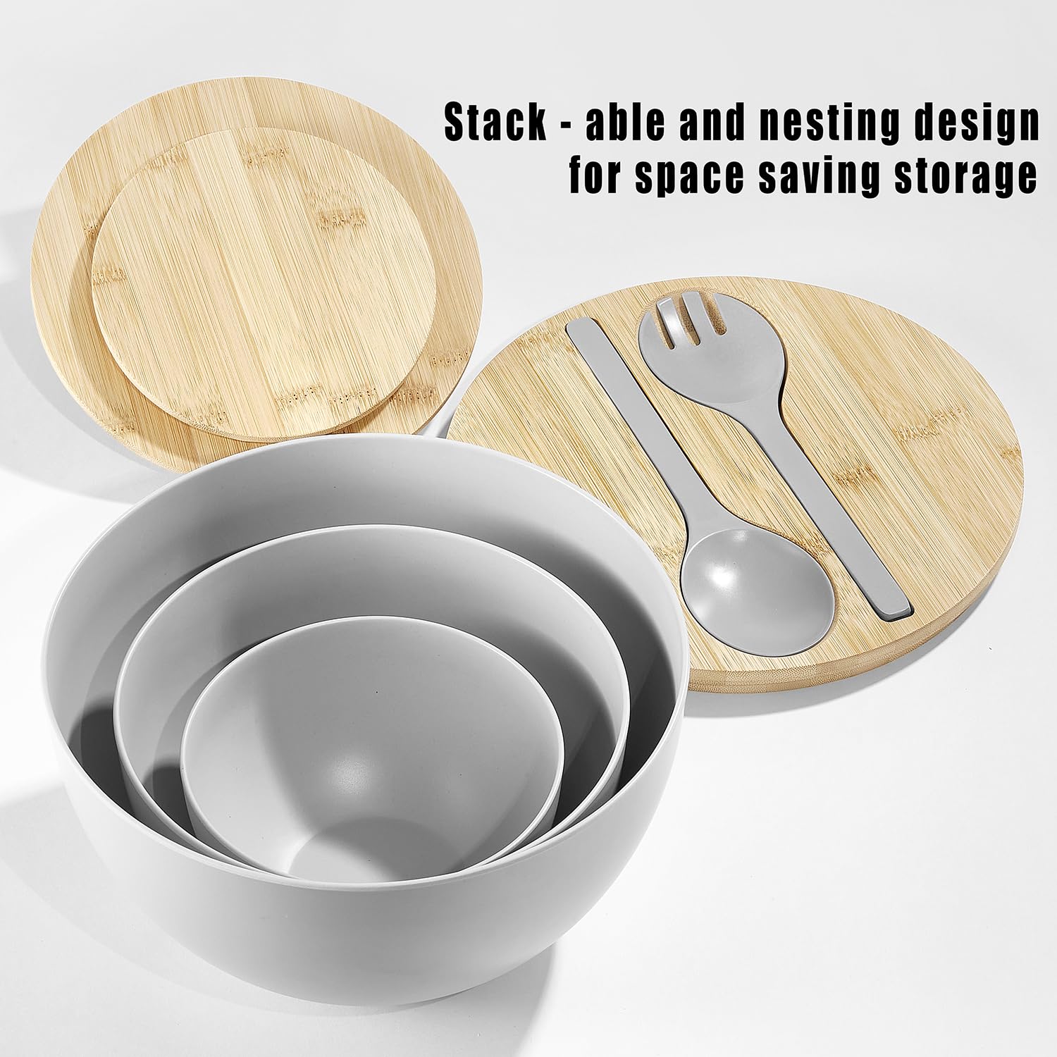 ECOWAY Juego de 3 cuencos de ensalada con tapa y utensilios para servir, juego de cuencos grandes de fibra de bambú para servir y juego de almacenamiento con tapa de bambú para ensalada, cocina,