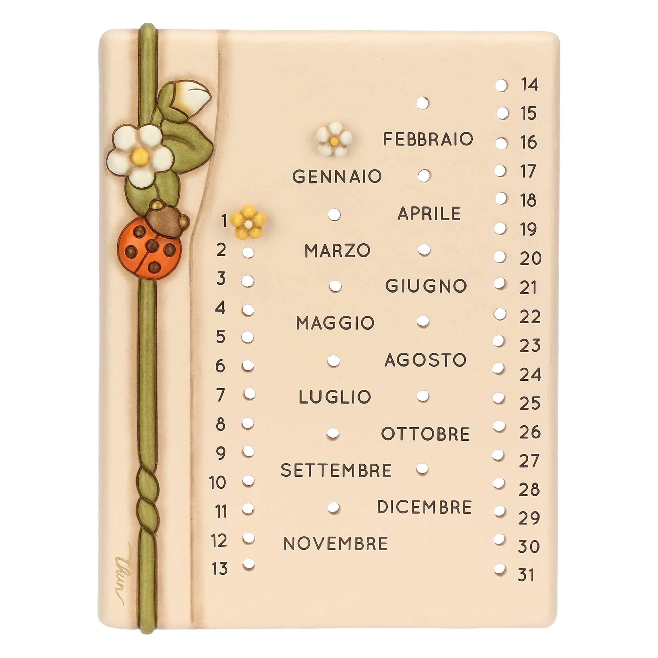 THUN Calendario da muro, Ceramica; tappini in silicone, gancio in plastica, nastro biadesivo, Collezione Country Bloom, 22 x 2,​3 x 29 cm