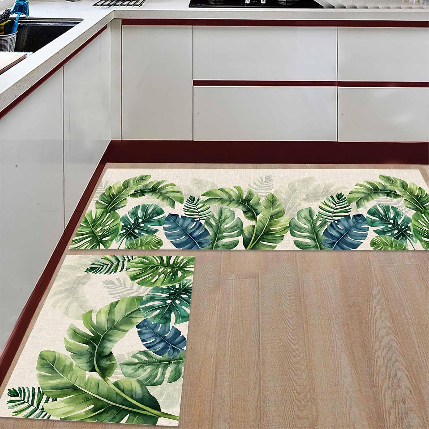 2 Pieces Kitchen Rugs and Mats,Summer Green Palm Leaf on Linen Area Runner Rug Set Non Slip Floor Doormat Washable Carpet Standing Mat for Kitchen Sink Indoor Corridor,Retro Watercolor Tropical Plant
