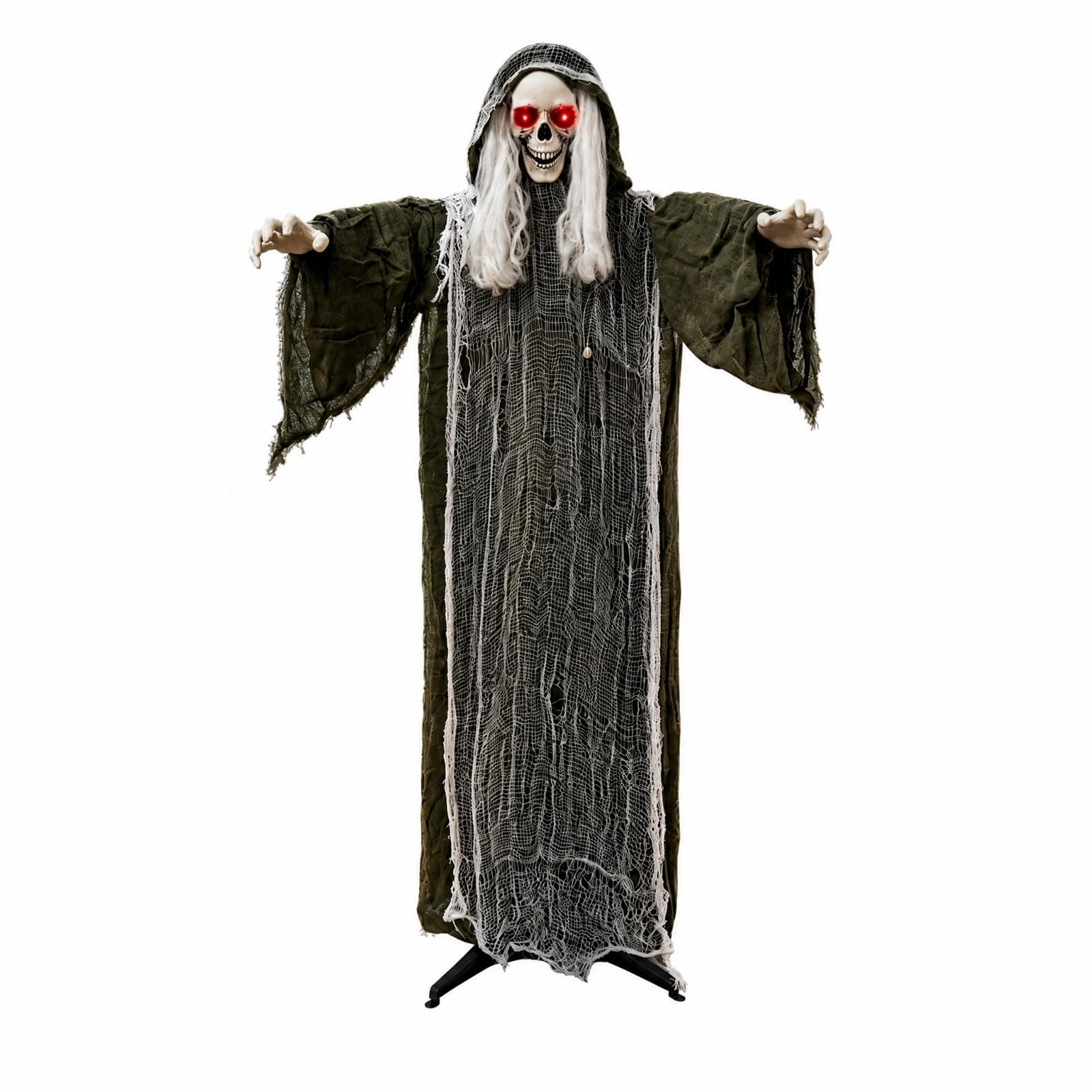 Gralara Scheletro di Halloween 165 Cm Autoportante Decorazione Scheletro con Veste Verde Acustico Ornamento Spettrale per Ingressi