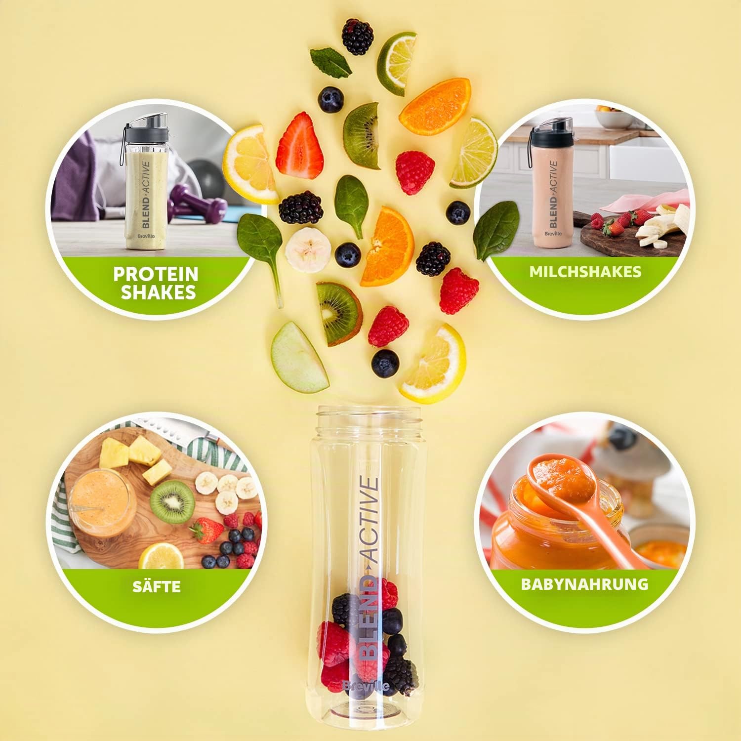 Breville Blend Active VBL252 persönlicher Mixer und Smoothie-Maker, 350 W, Familienpackung, 4 tragbare Mix-Active-Flaschen (300 ml, 600 ml), auslaufsichere Deckel, Weiß und Grün