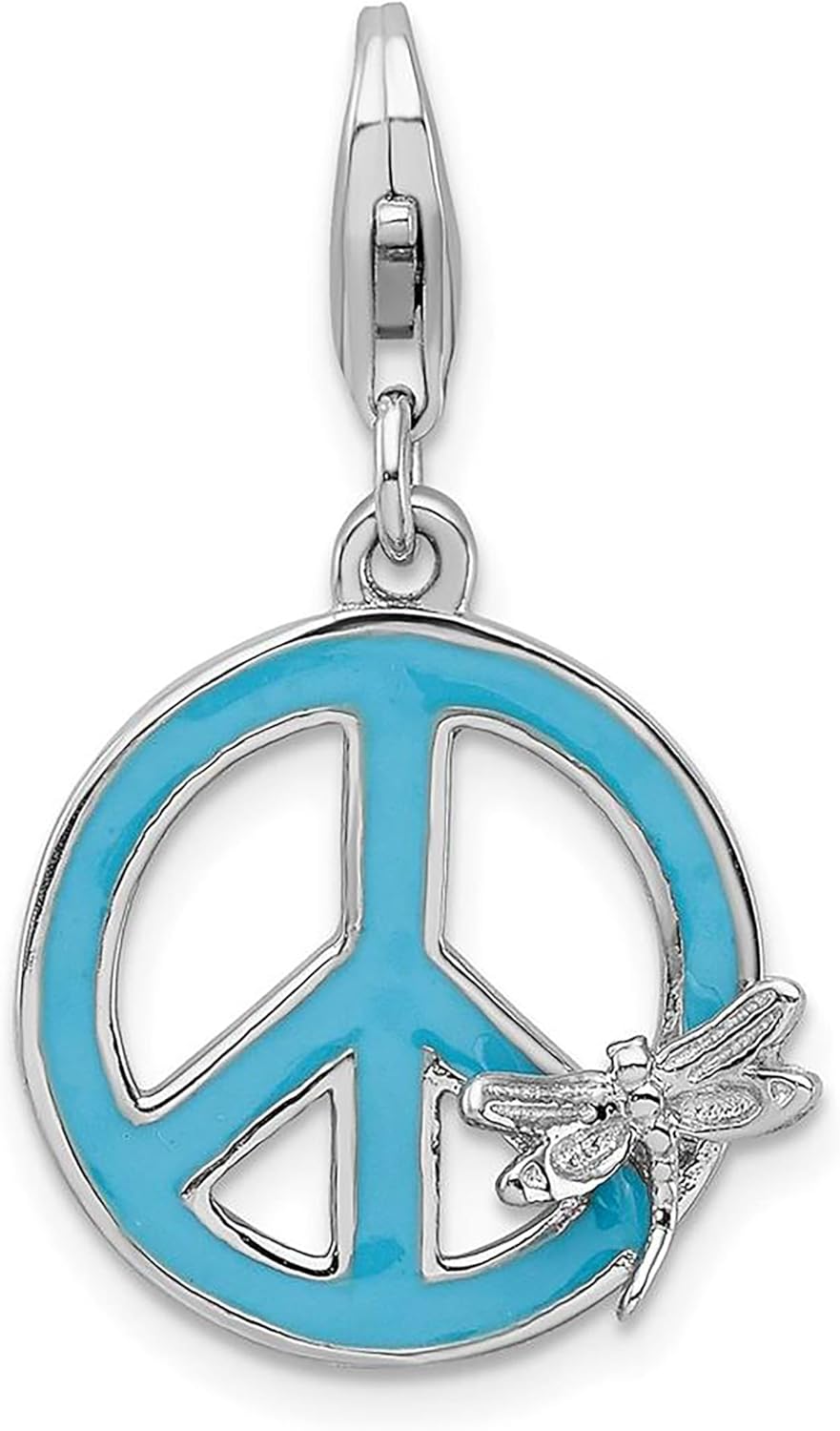 925 Sterling Silver Amore La Vita Enameled Peace Sign with Dragonfly Bracelet Charm Lobster Clasp